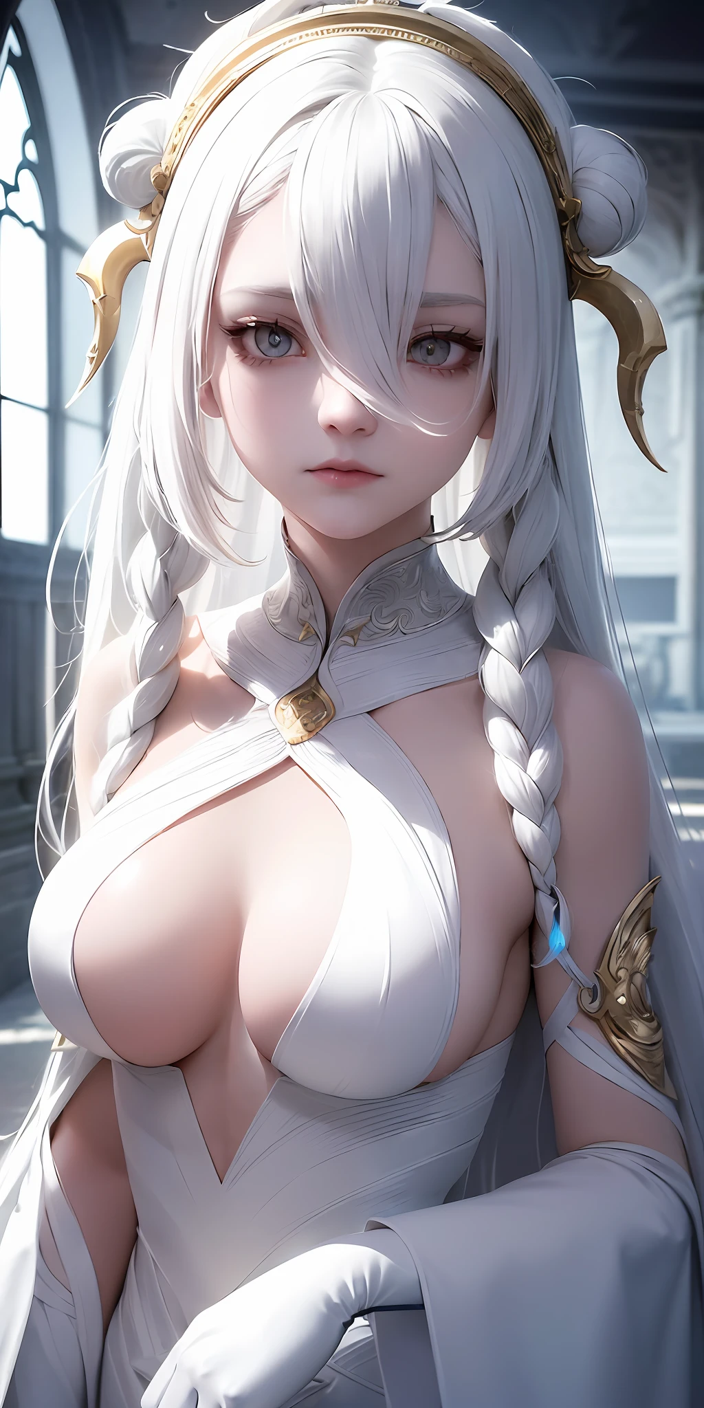 Excellent, masterpiece, white hair, golden eyes, white clothes, looking up, upper body, hair, fair skin, side braids, dragon girl, (aesthetic, pure beauty), (high-grade light, sharp contrast, strong deep shadow), (perfect, details in place),
