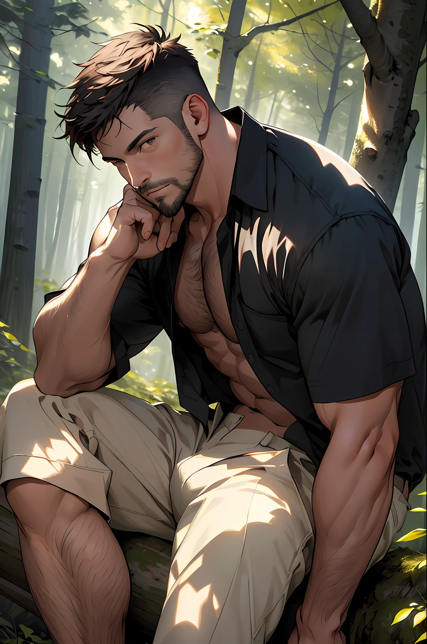 Best quality, masterpiece, expressionless,ultra high res,detailed background,realistic,1man,solo,male,muscular,mature male,short hair,facial hair,sitting,tree,forest,real shadow and light,depth of field,chest, underwear