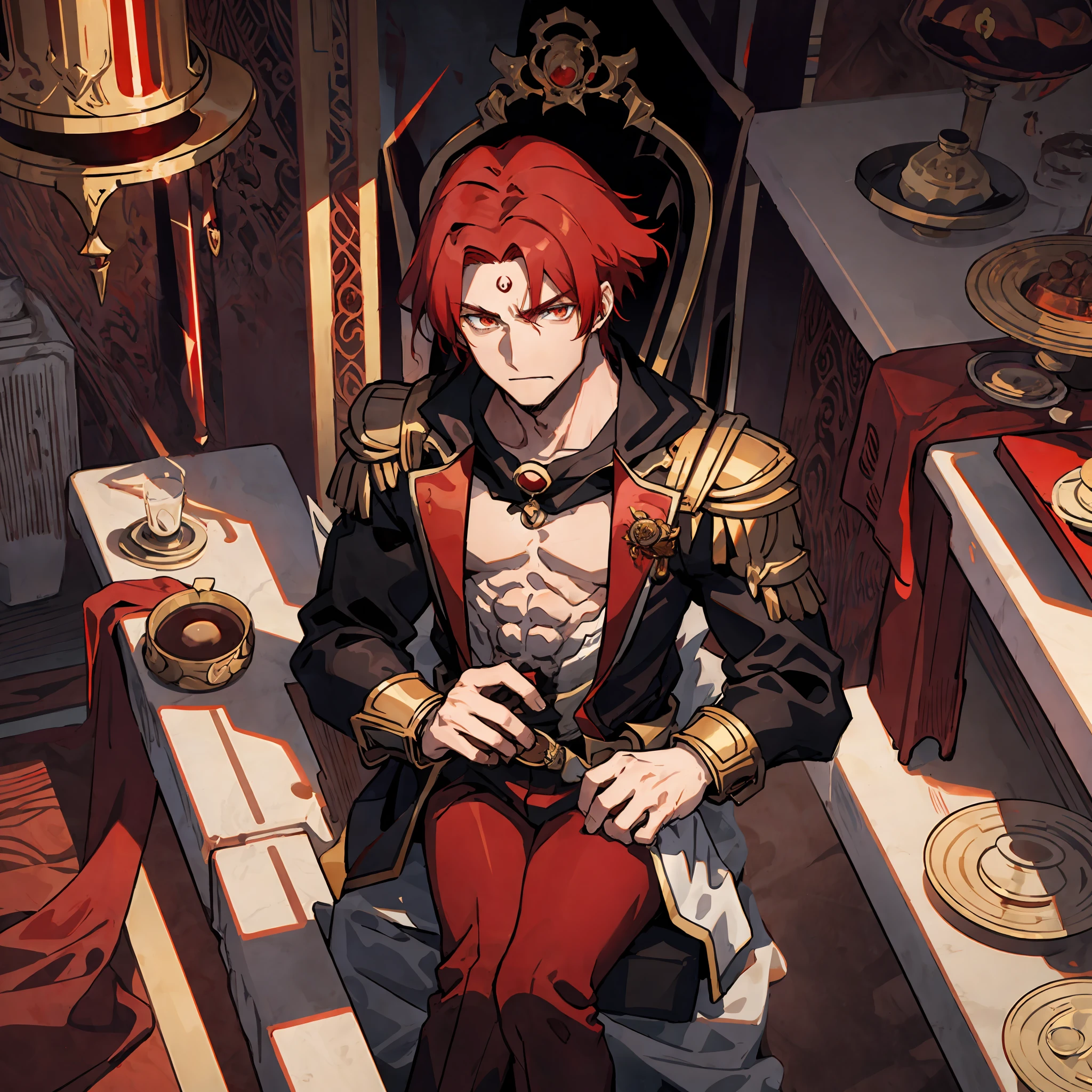 1Man, Half-Dragon, intimidation, red hair, golden eyes, sit on throne, anime