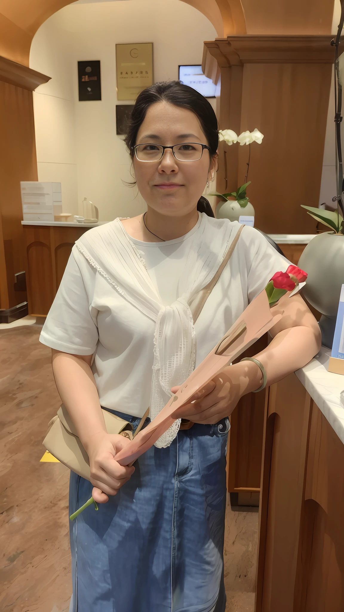 There is a woman holding a rose, in the luxurious hotel lobby, white and tender skin, dermabrasion, high quality photos, big boobs, big breasts, sexy, bulging breasts