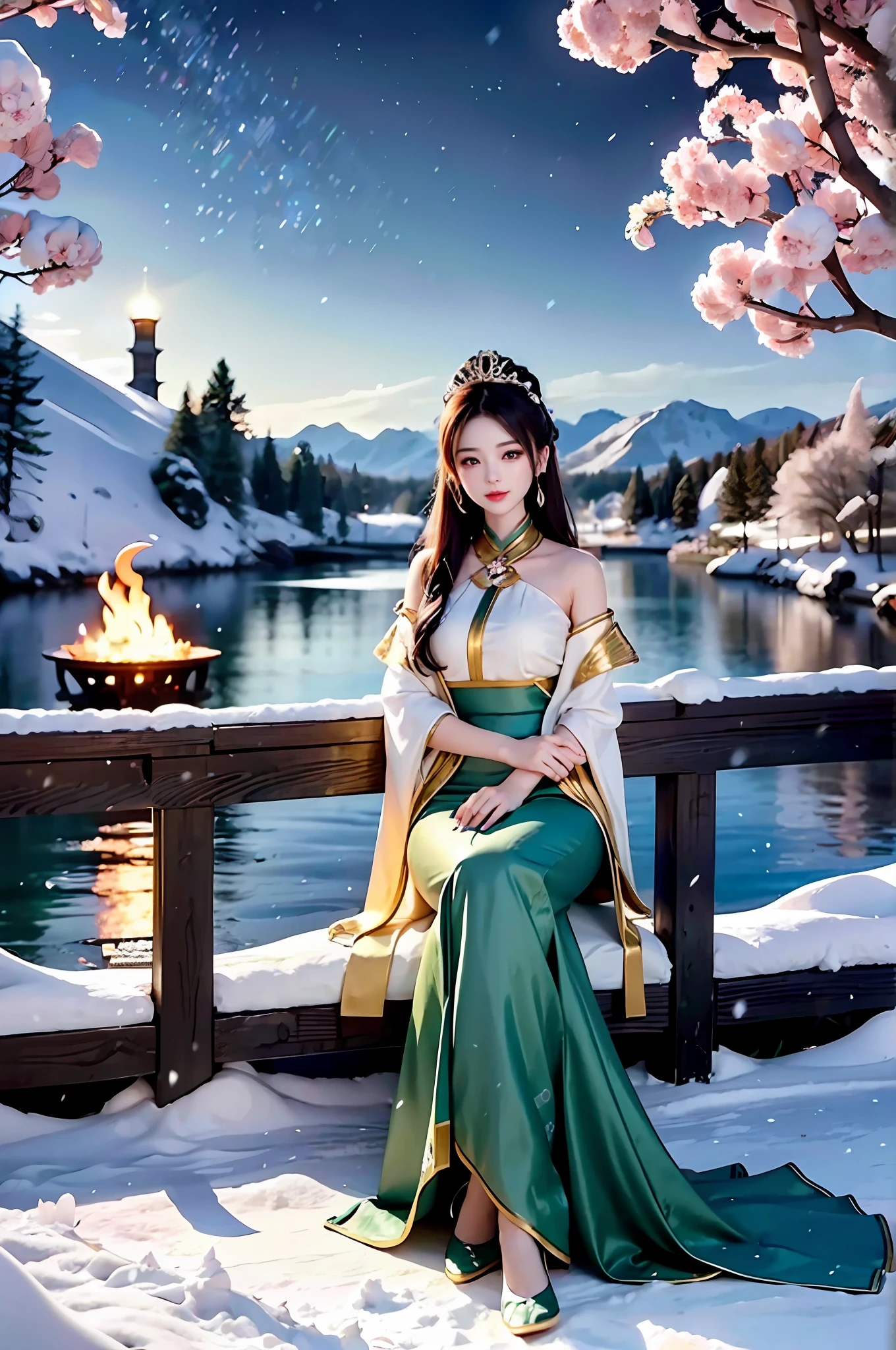 A beautiful and charming woman, leaning alone on a bench, under the light of the fire, her complexion is crystal clear like jade, like a crescent moon, like flowers and trees piled up with snow. When it is tactful, it is glamorous.