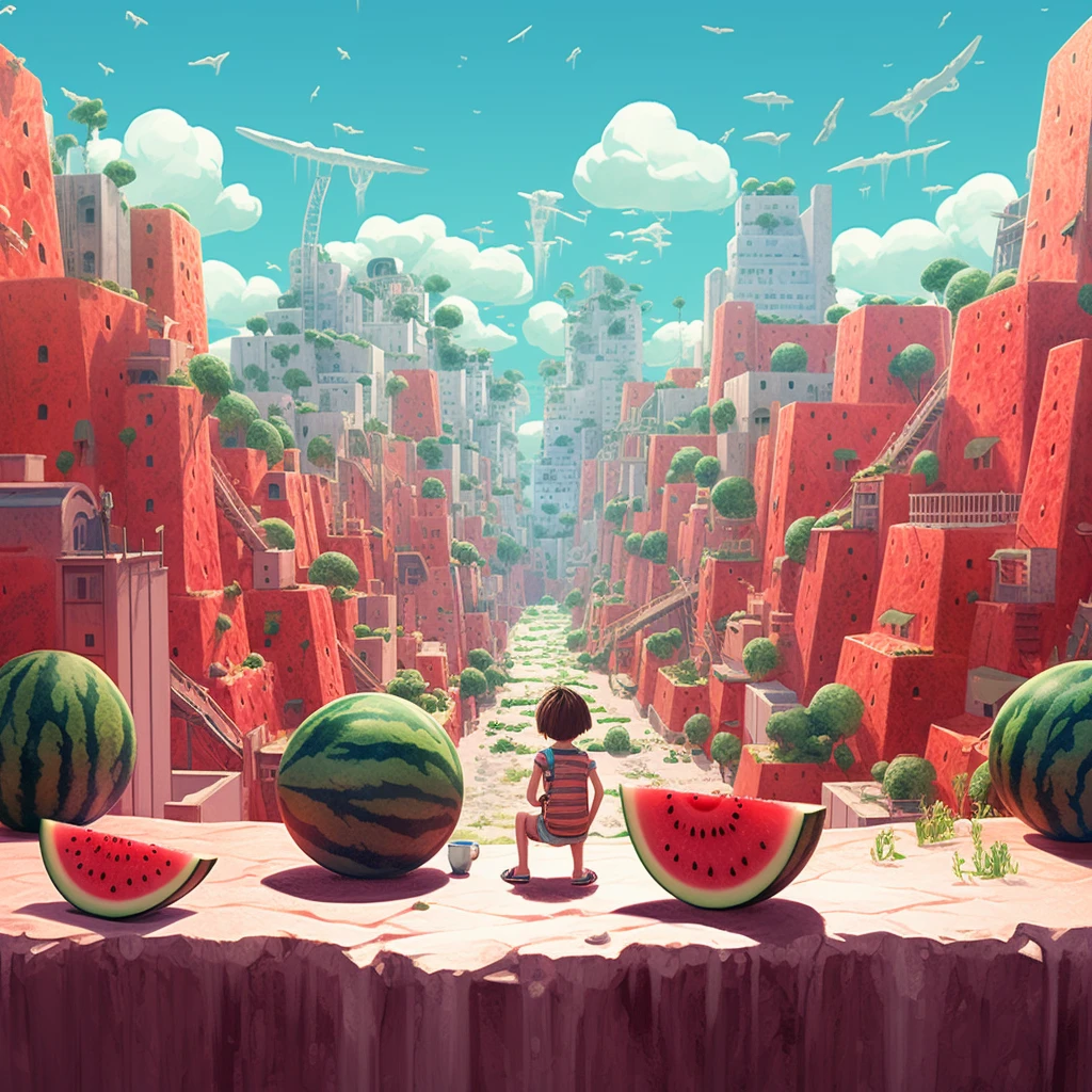 Summer vibe, little couple eating watermelon, childlike perspective, conceptual art, Ghibli colors, Fuji, vignetting, vanishing point, high resolution, ccurate, masterpiece