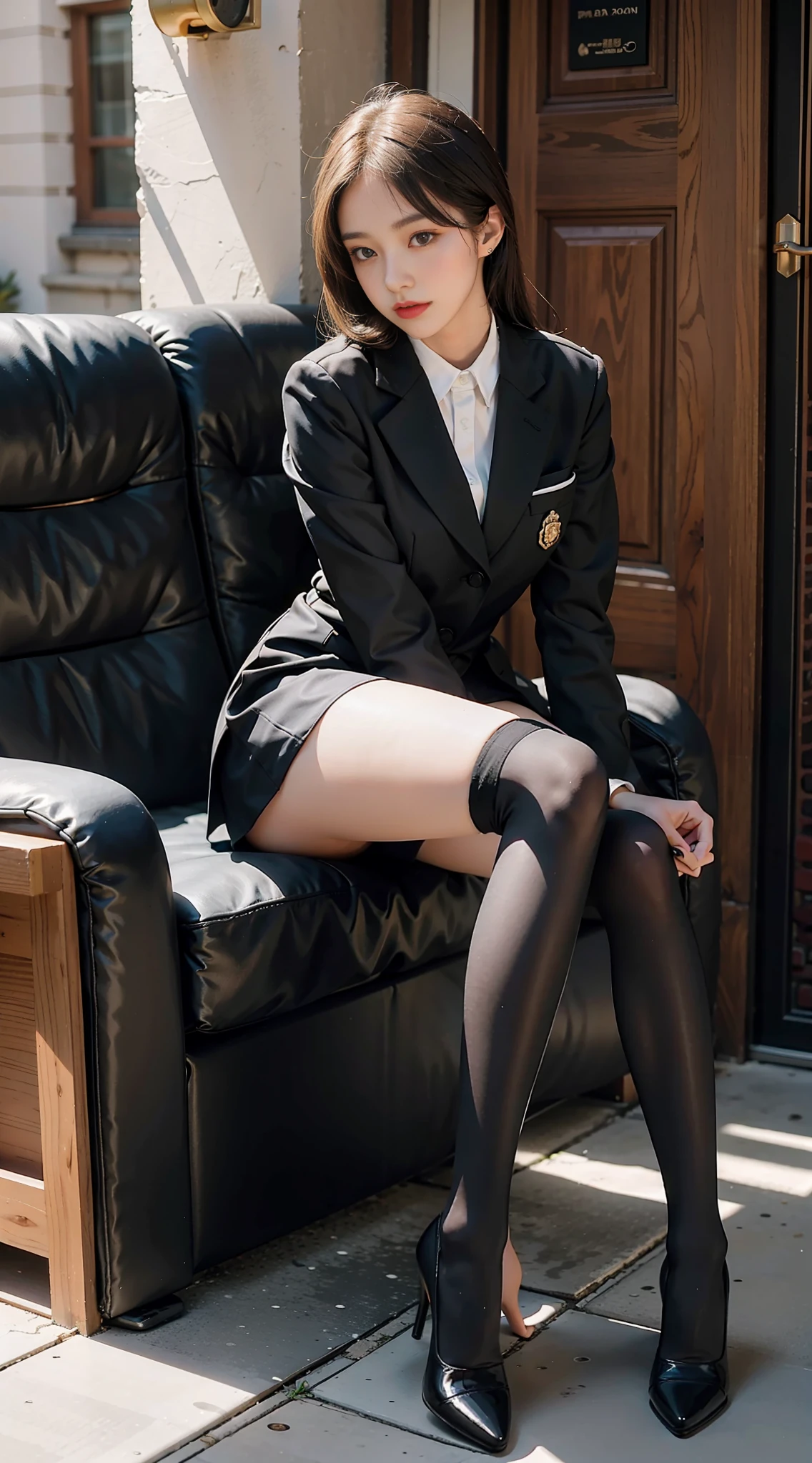 Best quality, full body portrait, delicate face, pretty face, 25 year old woman, slim figure, small bust, OL uniform, office clothes, black stockings, outdoor scene, sitting position