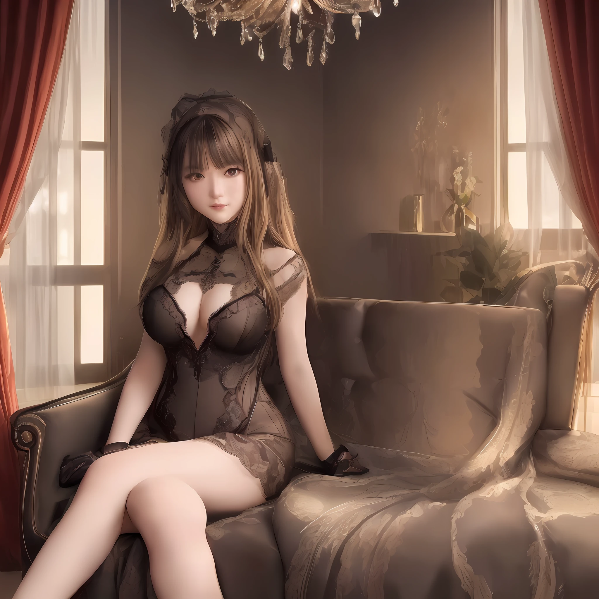(extremely detailed CG unity 8k wallpaper, masterpiece quality, ultra-detailed), best illumination, dynamic and striking pose, gorgeous, sensual and captivating, (1woman), dark eyes, (black hair)|(brown hair)|(blonde hair)|(red hair), wearing a form-fitting black (dress)|(lingerie), elegant and seductive, sitting on a plush chair, (curtains)|(fabric) draping in the background, subtle lighting, (volumetric light)|(shadow), no borders, no limits.