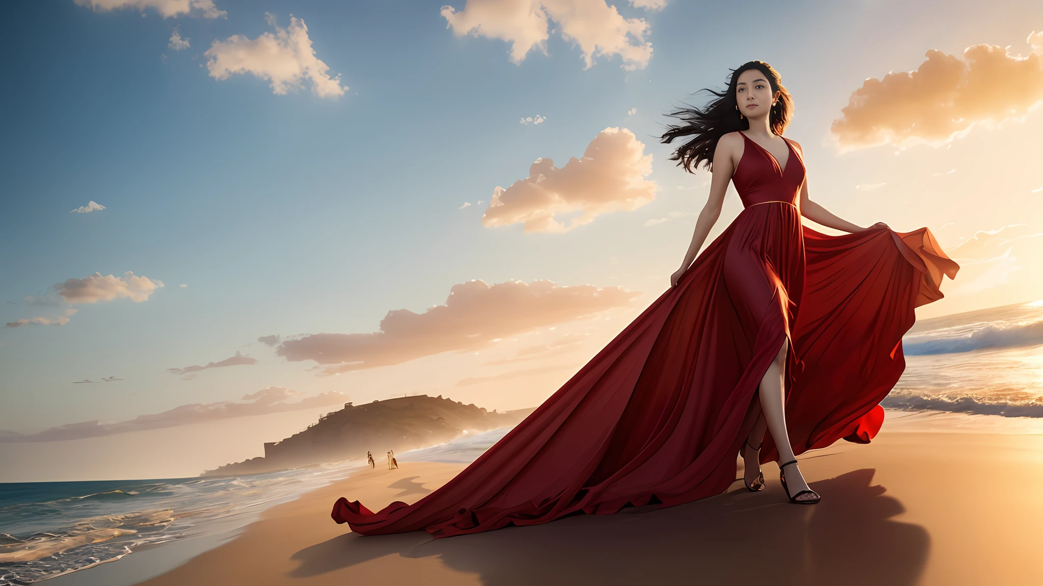 epic movie poster, proffesional photo,
a beautiful woman 25 y.o., in a long red dress of silk, raiding a black horse, on beach,
professional digital art, professional lighting, dramatic lighting, high resolution, 8k, ultra high definition, hdri, golden hour,
analog style, modelshoot style,
rcnz_hqr style