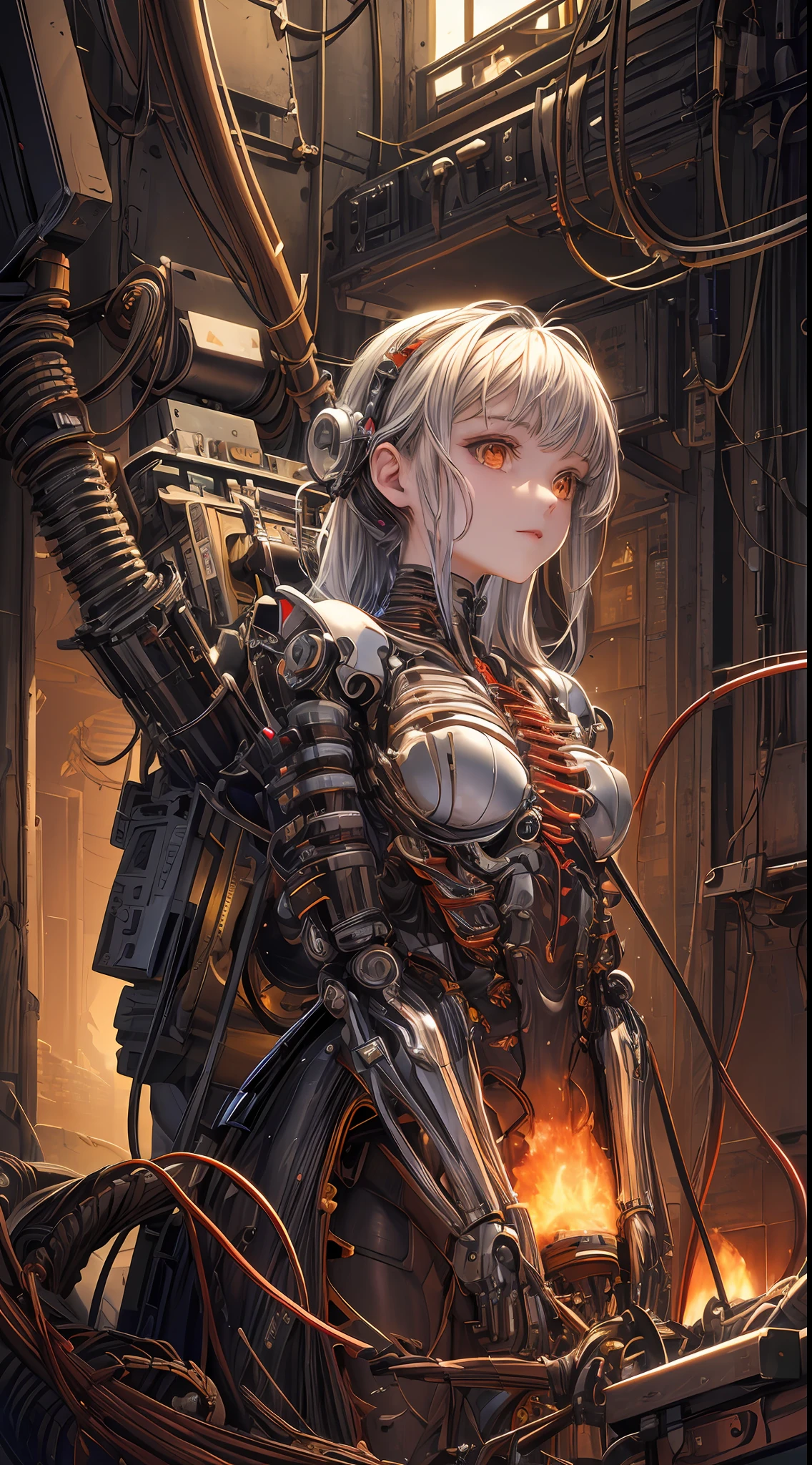 (((masterpiece))), ((best quality)), (ultra-detailed), (CG illustration), (an extremely devious and beautiful)), cinematic light, ((1 mechanical girl)), single, (machine-made joints: 1.4), ((mechanical limbs)), ( blood vessels attached to the tube), ((mechanical spine attached to the back)), ((mechanical cervical vertebrae attached to the neck), ((back to the viewer)), expressionless, (wires and cables attached to the head and body: 1.5), science fiction, apocalypse, ruins