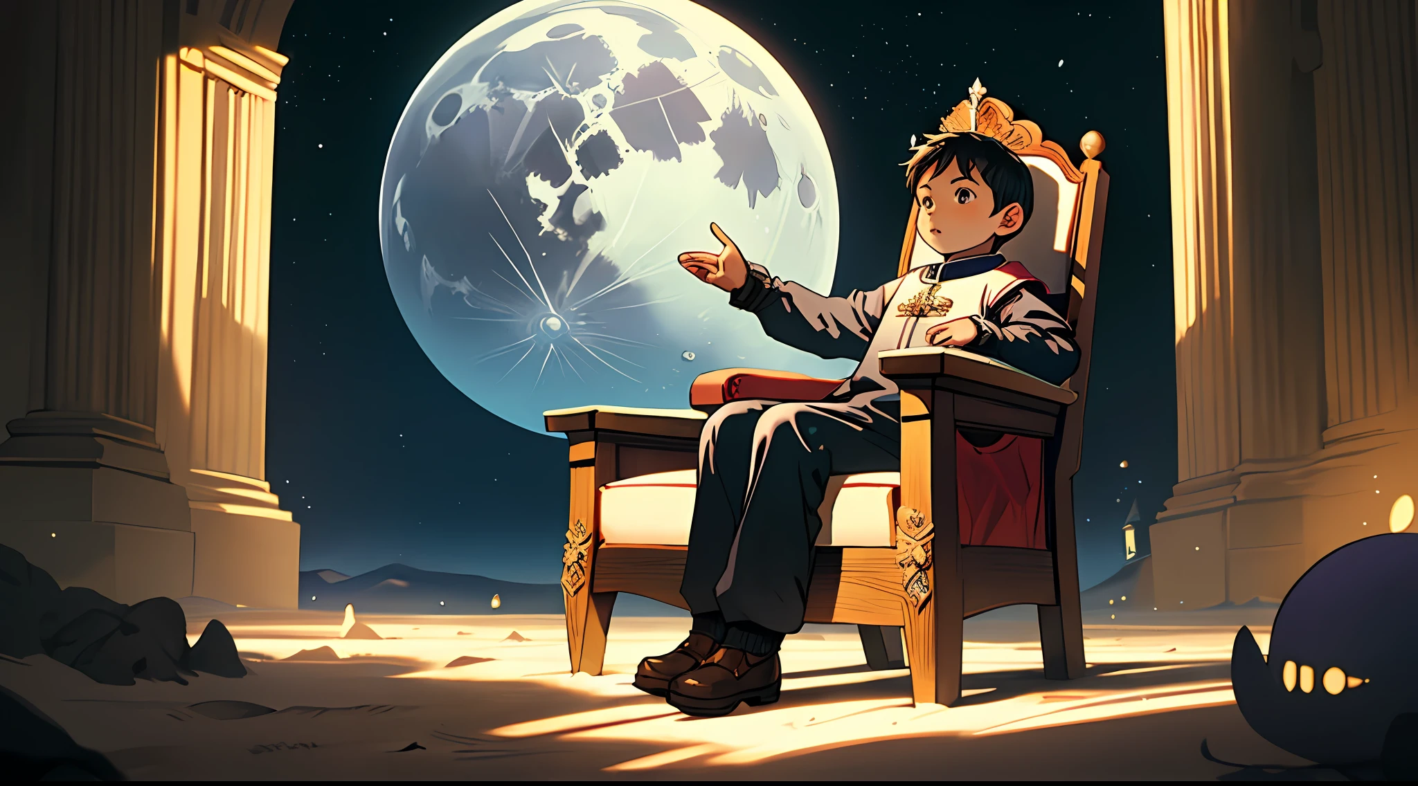 on the moon, sitting in a king's chair, lonely