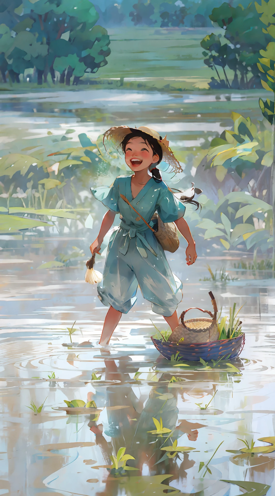 Super realistic scene, inside the paddy field, a little girl with a double ponytail is laughing with a straw hat behind her back, pulling up her trouser legs, standing in the mud, rice field, rice field, there are clouds, paddy field, there is a bamboo frame in front of it full of rice seedlings, water, sunlight, terraces, wildflowers, countryside, HD 8K. --v 6
