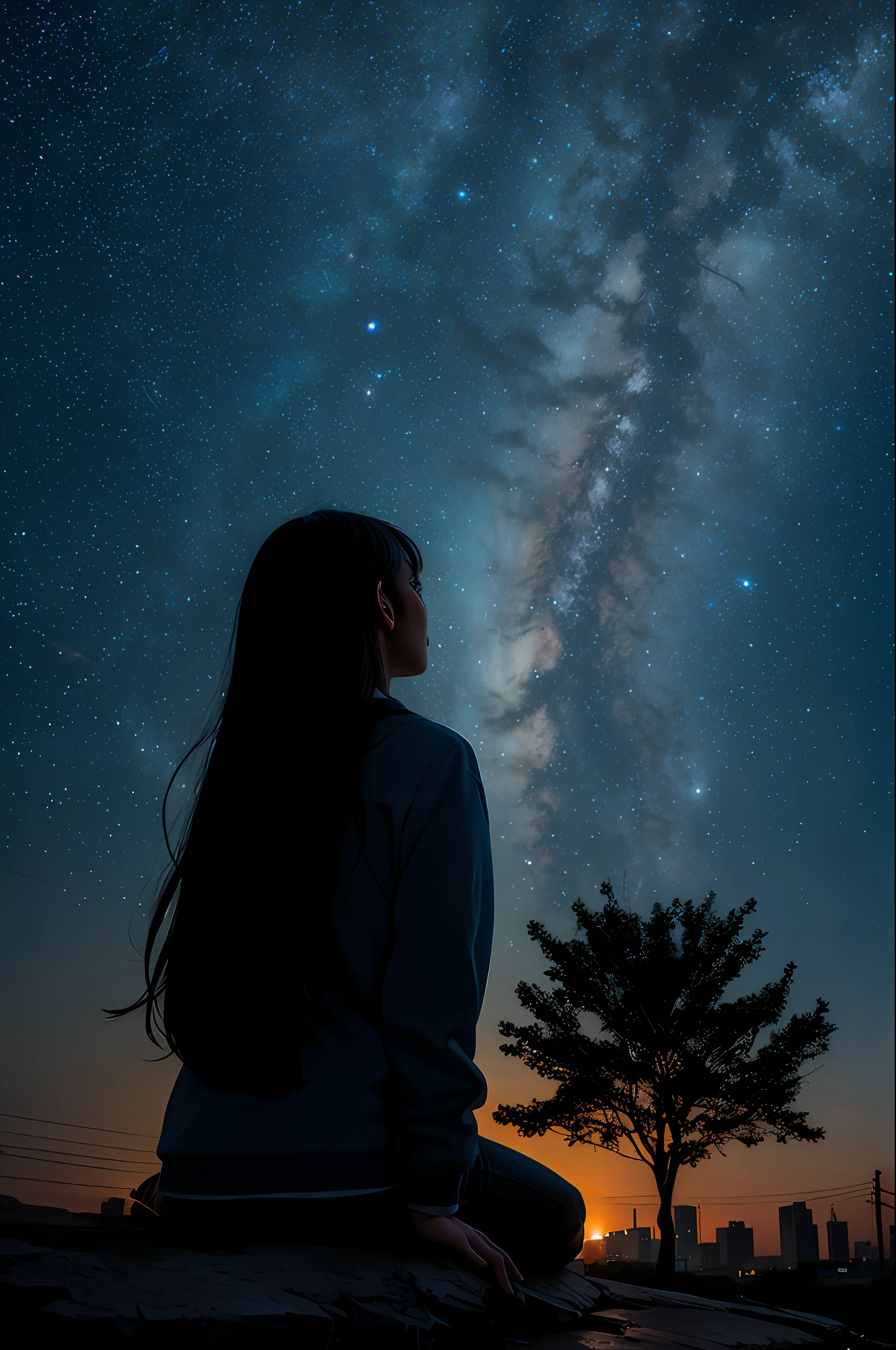 octans, sky, star (sky), scenery, starry sky, night, 1girl, night sky, solo, outdoors, building, cloud, milky way, sitting, tree, long hair, city, silhouette, cityscape