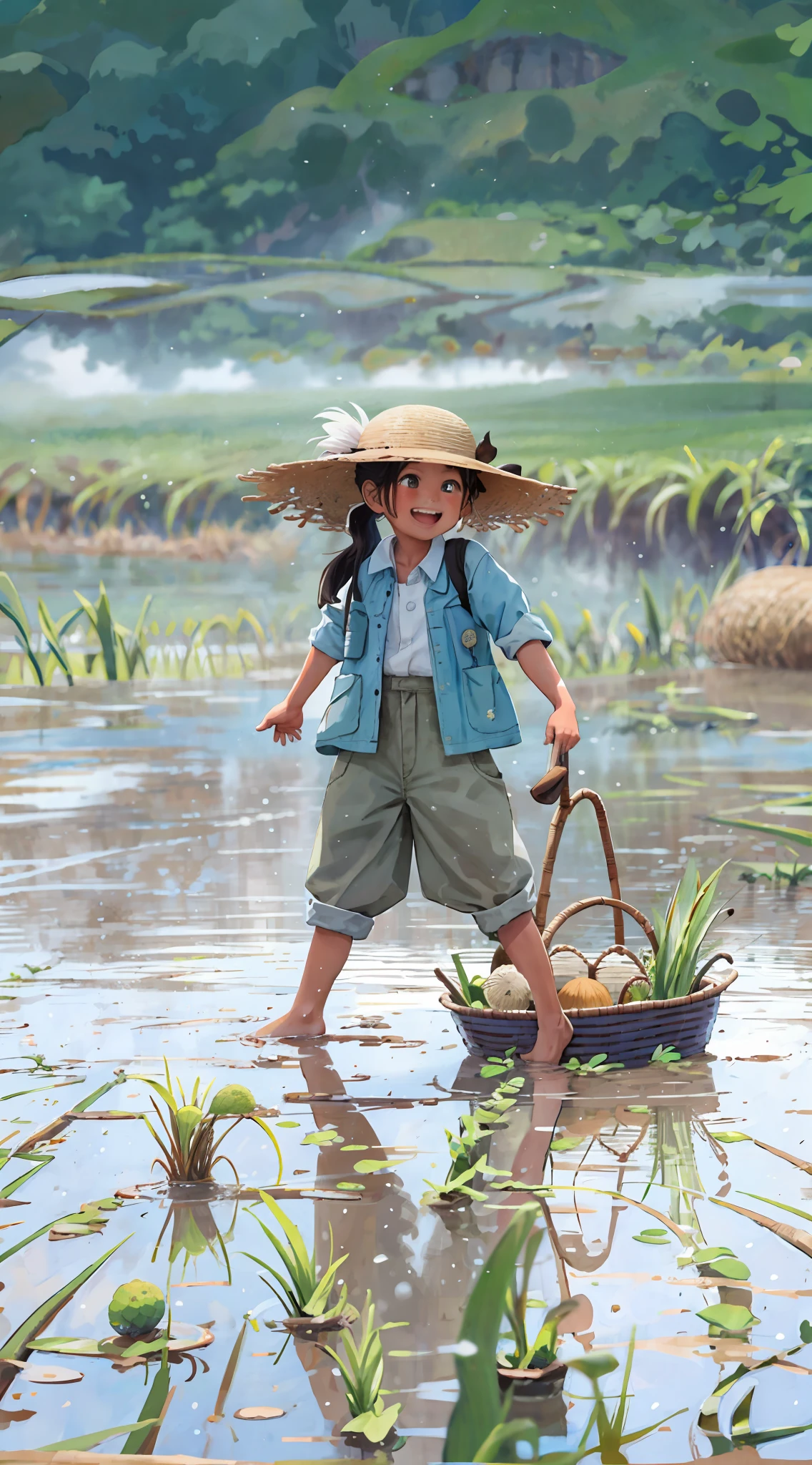 Super realistic scene, inside the paddy field, a *********** with a double ponytail is laughing with a straw hat behind her back, pulling up her trouser legs, standing in the mud, rice field, rice field, there are clouds, paddy field, there is a bamboo frame in front of it full of rice seedlings, water, sunlight, terraces, wildflowers, countryside, HD 8K. --v 6