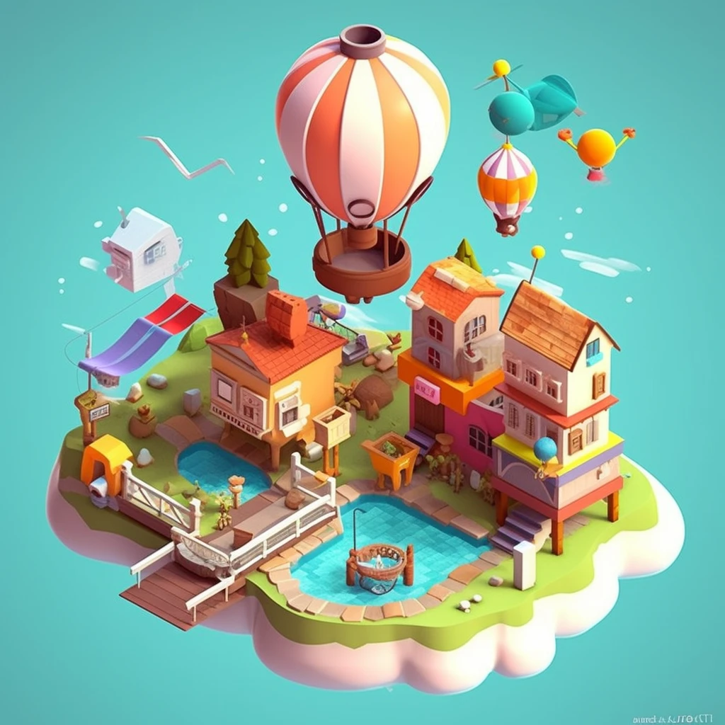 cartoon style, polygon, game scene design, pixar style, steampunk, fantasy, sky city, cloud doll, sea geese, whales, flying fish, rainbow, unicorn, white tower, windmill installation, elf, hot air balloon, streamers, café, white glass room, cute q-cute, casual game style, ((((low poly))), lowpoly, best detail, cartoon style, 3d, masterpiece, best quality, cartoon rendering, glare, 8K