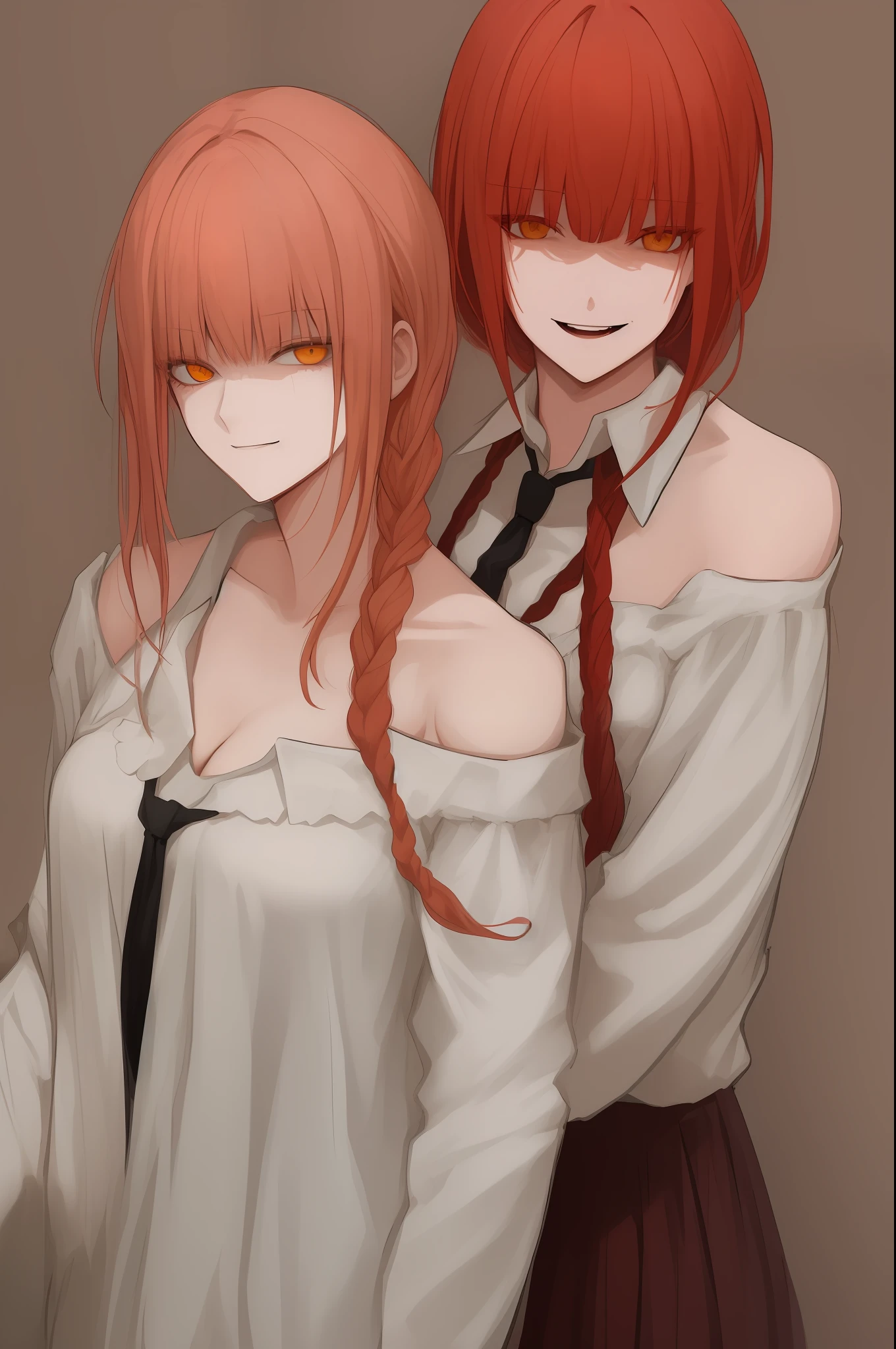 Woman, MaarcoCib, makima \ (chainsaw man\), best quality, super detailed, 2 girls, standing, red hair, long braided hair, blonde eyes, bangs, medium breasts, off-the-shoulder, white shirt, tie, gaze, smile, (evil: 1.2), look at each other