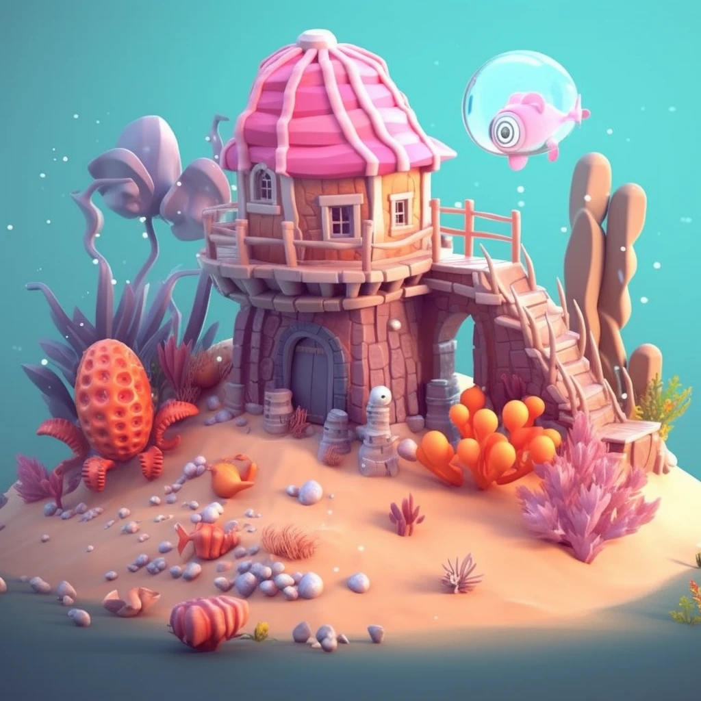cartoon style, polygon, game scene design, pixar style, fantasy, underwater town, coral, sandstone, seaweed, starfish, jellyfish, schools of tropical fish, shells, conch, cute crabs, cute shrimp, casual game style, low poly, lowpoly, best detail, cartoon style, 3d, masterpiece, best quality, cartoon rendering, 8K