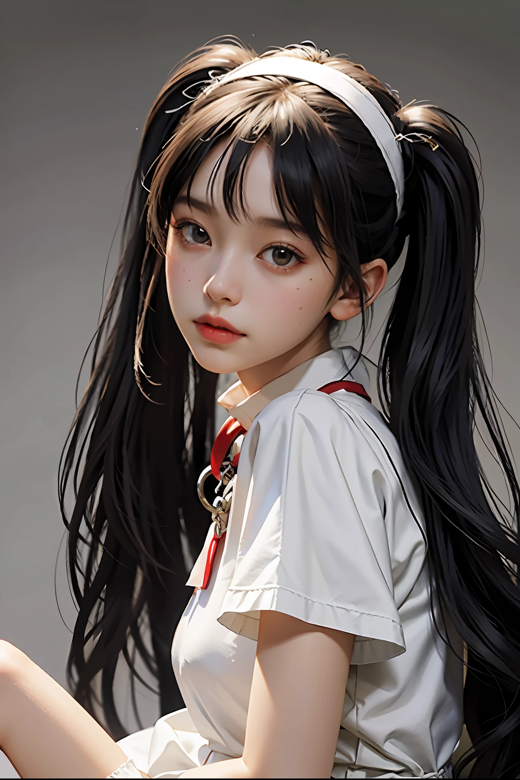 {{{masterpieces}}}, highly detailed face, highly detailed hair, twin tails, {{6 years old girl}}, looking at viewer, white knee socks, black hair, very long hair, white clothes, white hairband, red collar, metal chain, {{{erotic}}}, view from top side, handcuffs, weeping,