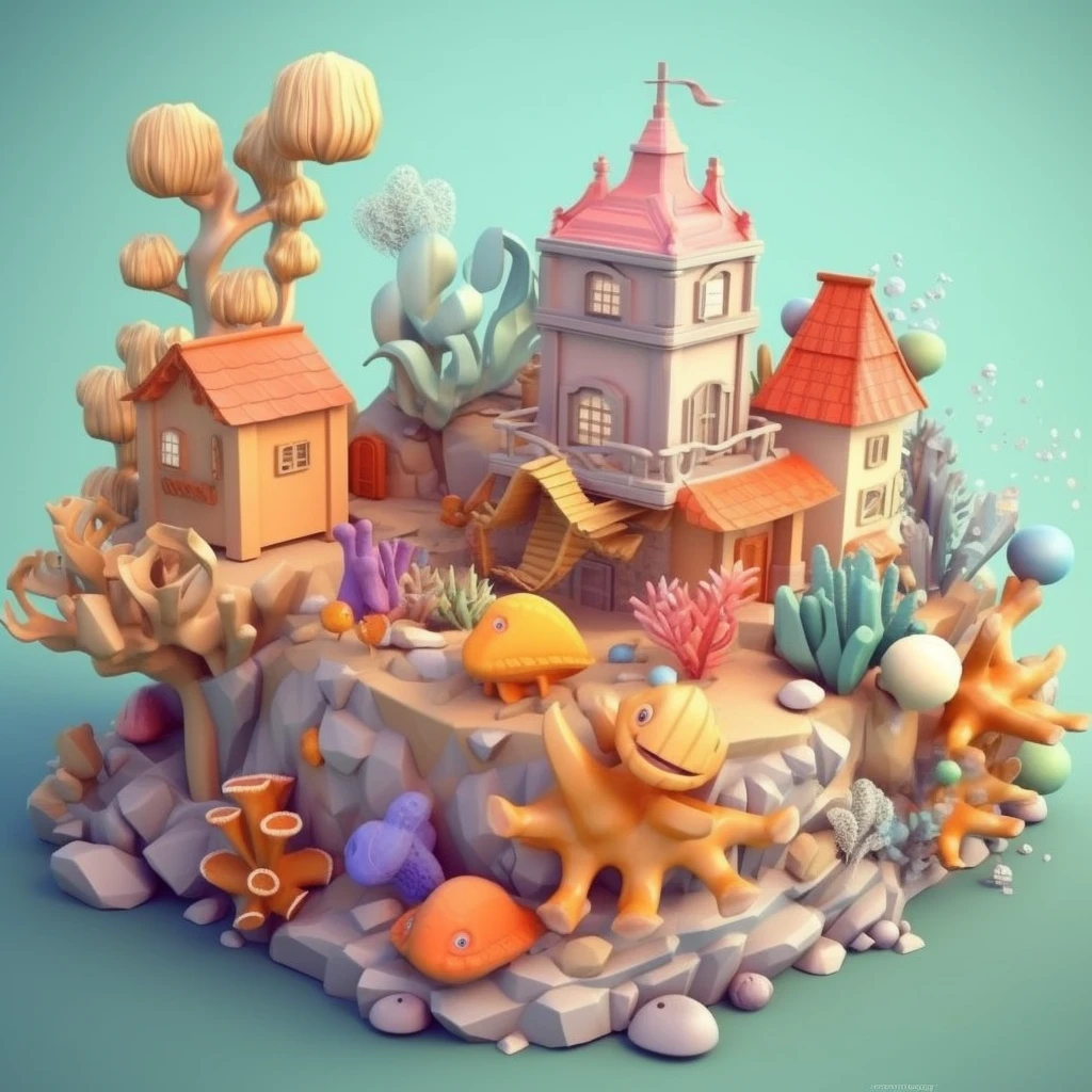 cartoon style, polygon, game scene design, pixar style, fantasy, underwater town, coral, sandstone, seaweed, starfish, jellyfish, schools of tropical fish, shells, conch, cute crabs, cute shrimp, casual game style, low poly, lowpoly, best detail, cartoon style, 3d, masterpiece, best quality, cartoon rendering, 8K