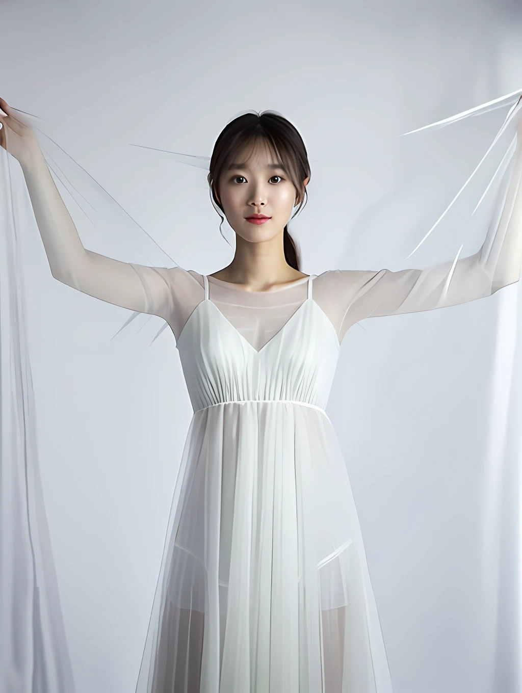 4k quality, a Korean girl in a white dress is posing for a picture, covered in transparent cloth, wearing translucent sheet, transparent cloth, transparent body, translucent body, draped in transparent cloth, transparent, sheer, sheer fabrics, beautiful drapes, transparencies, high transparency, light half opened dress, white cloth, smooth translucent white skin, diaphanous cloth