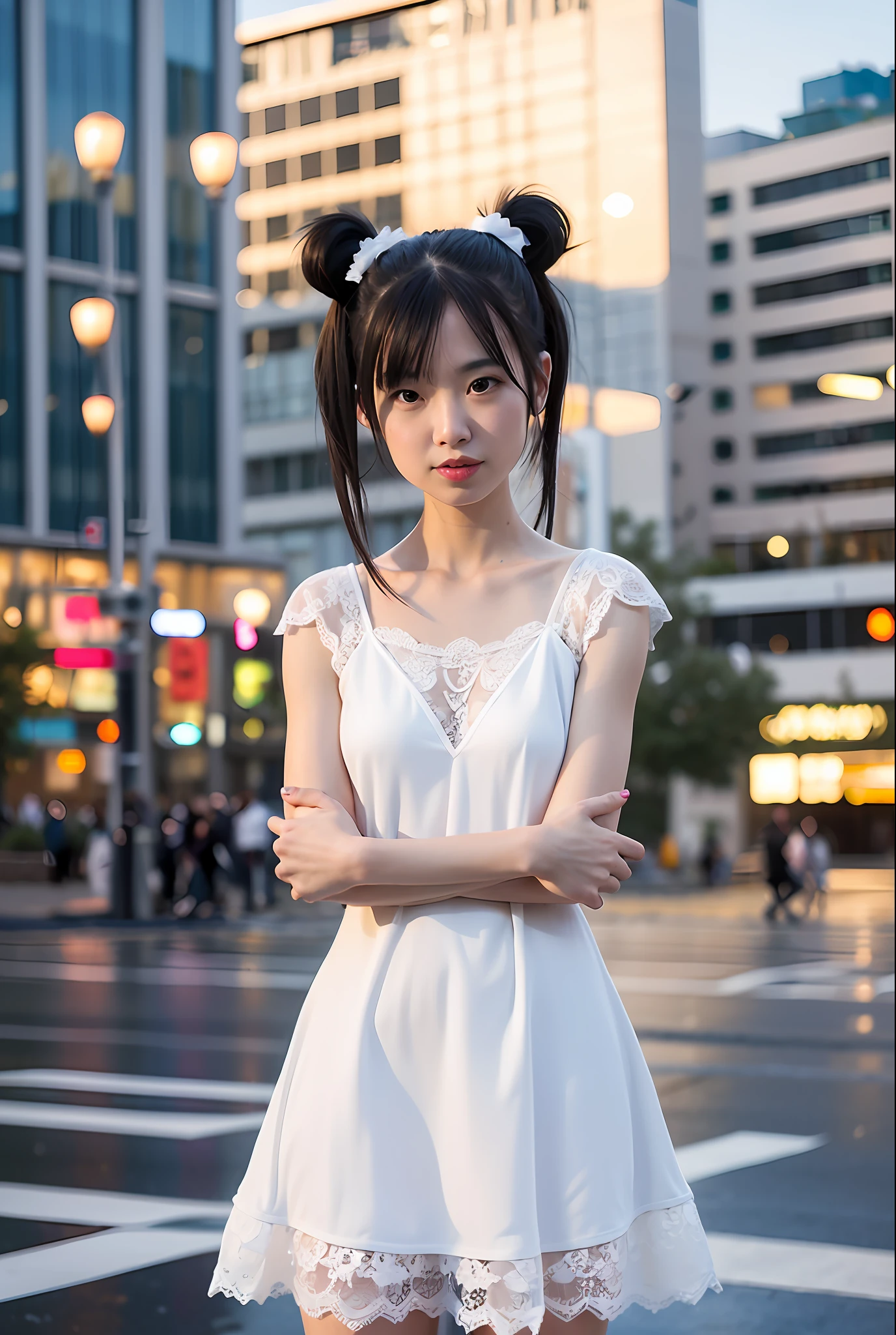 mix4, 1girl, cute, young, slender, petite,
white long lace dress, 
((arms crossed)), 
mouth open slightly, black hair, ((twintail)), angry, annoyed, complaining, blaming, upset,
cityscape, raining, wet, drizzling,
professional lighting, photon mapping, radiosity, physically-based rendering,
(8k, RAW photo, best quality, masterpiece:1.2), (realistic, photo-realistic:1.37),
