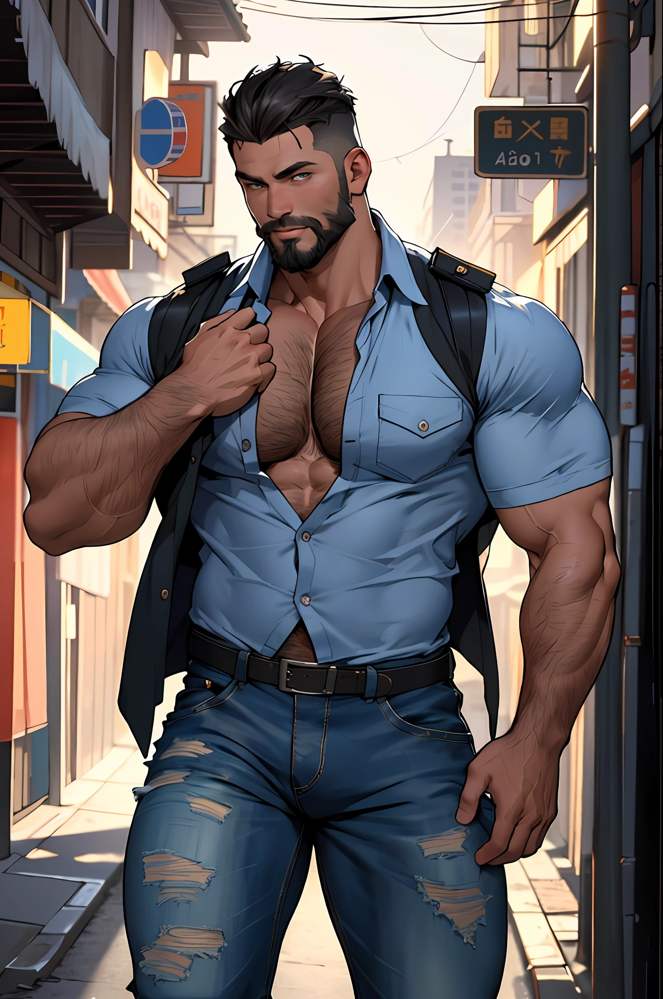 Best quality, masterpiece, ultra high res,detailed background,realistic,illustration,shot,solo,1boy,muscular male,beard,police uniform, open shirt, erotic, ripped pants,street,muscular,facial hair,volumetric lighting,depth of field