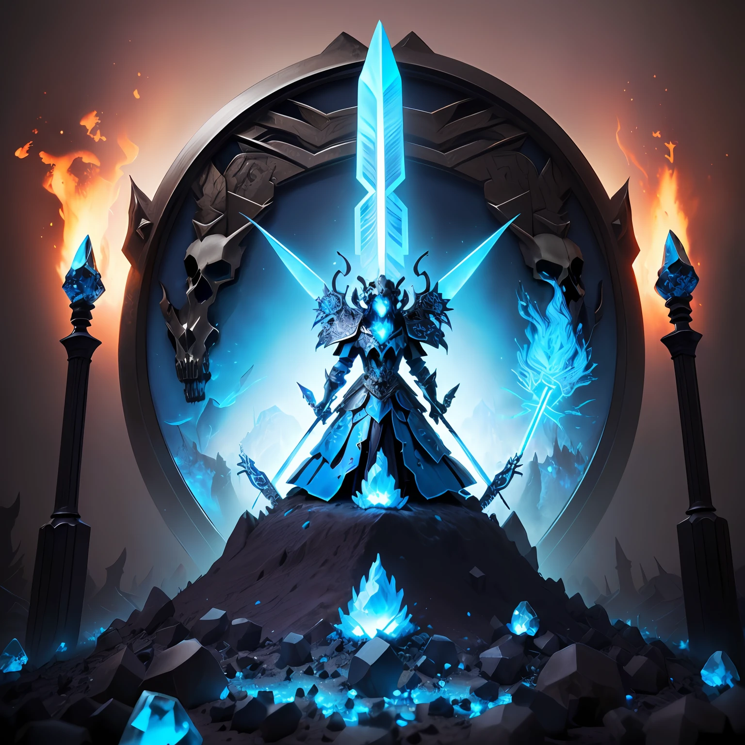 a blue topaz style ant hill with a sword and shield, there are skulls around and treasures,it was surrounded by  burning fire, with some visual effects,fantasy,3D,HdR, 4k upscale, v--4.