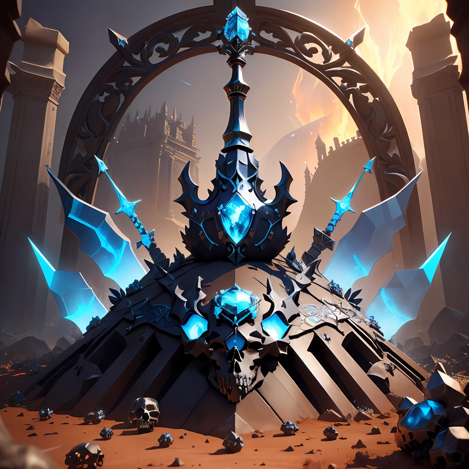 a blue topaz style ant hill with a sword and shield, there are skulls around and treasures,it was surrounded by  burning fire, with some visual effects,fantasy,3D,HdR, 4k upscale, v--4.