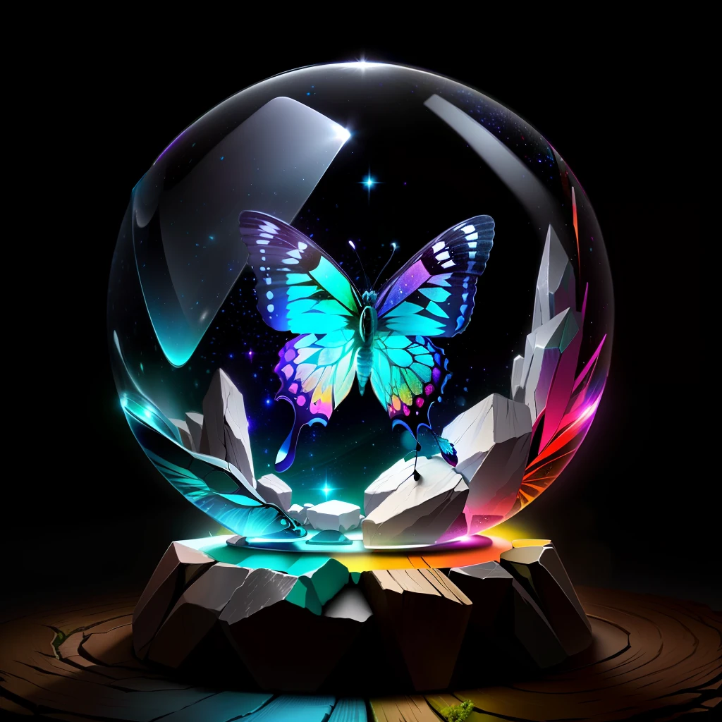 Majestic magical colourful butterfly inside of a glass sphere on a stone pile. Mythical lights. Dark grey background. Blurred background. Some wood. Some moss. Midnight. Stars.