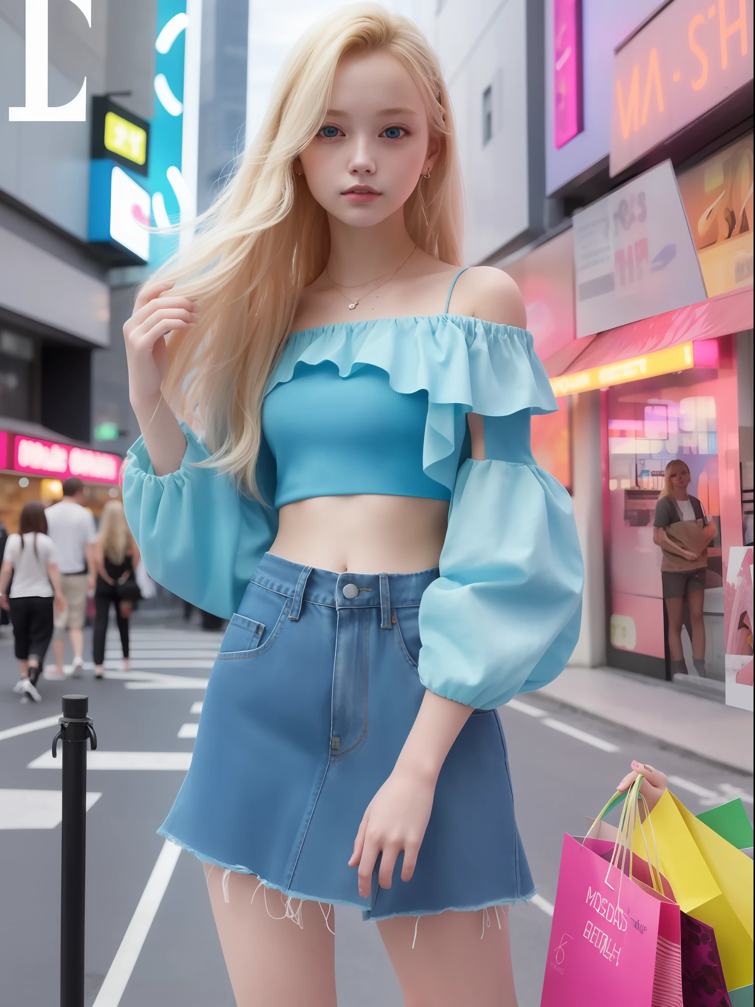 1 girl, 21 years old, masterpiece, high quality, looking at the audience,
, full body, long blonde hair, cyberpunk, bright, pastel colors, off-the-shoulder,
(Low Teen Fasson magazine cover), shopping arcade
