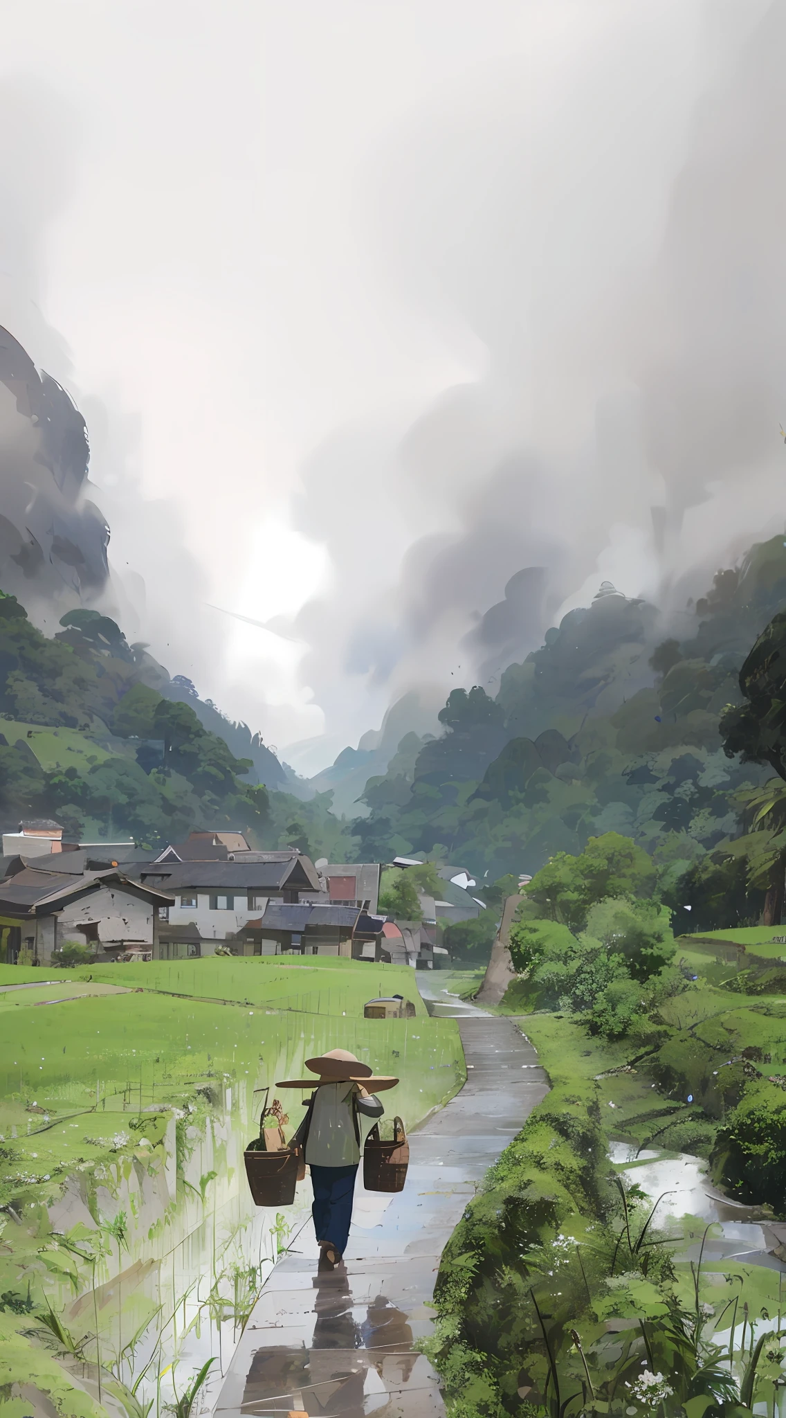 An old farmer carrying a flat burden, walking on the winding path of the countryside, big clouds, blue sky, rice fields, neat rice seedlings in the field, forest, hillside, secluded, countryside, HD detail, hyper-detail, cinematic, surrealism, soft light, deep field focus bokeh, ray tracing and surrealism. --v6