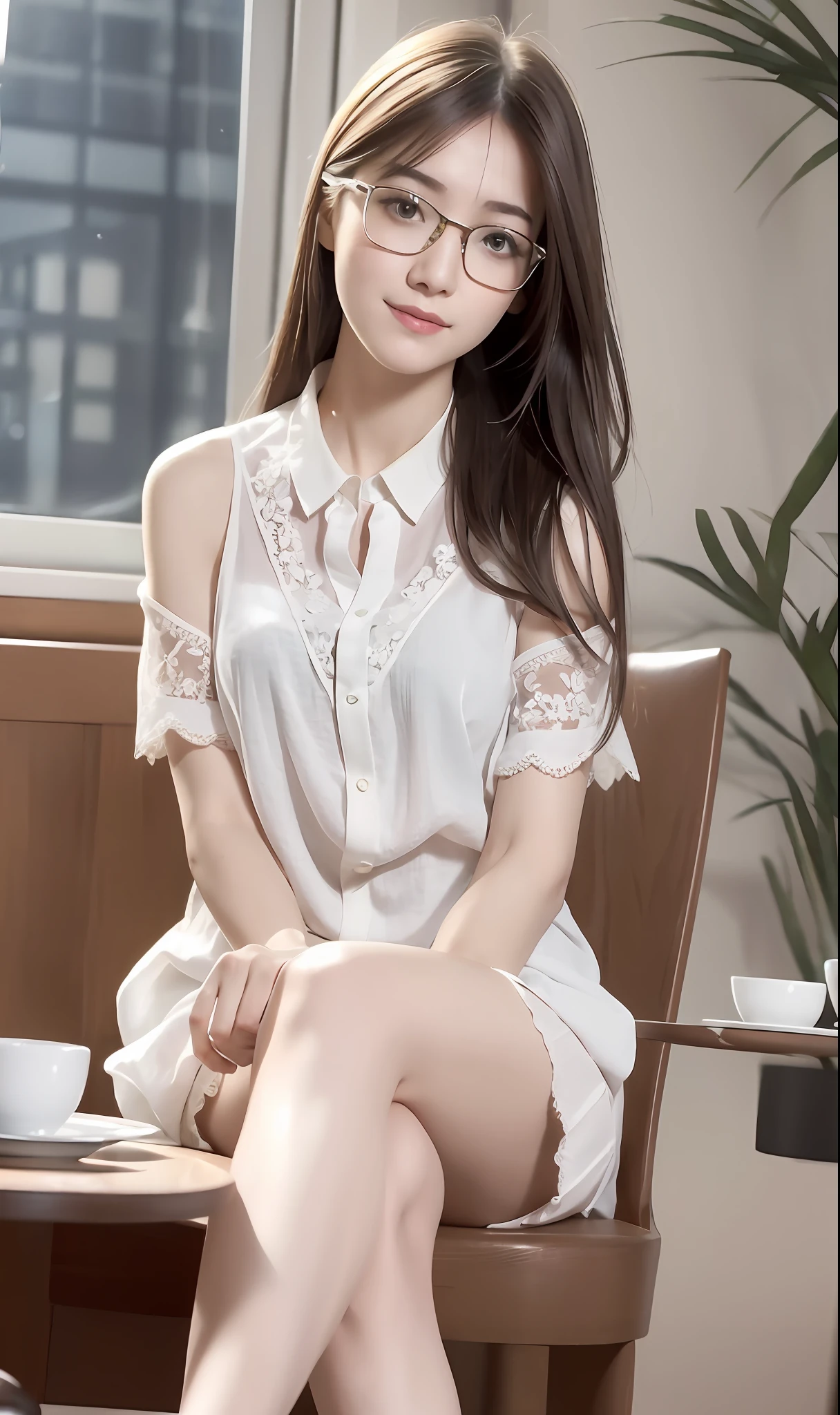 NSFW, (8k, best quality, master:1.2), (realistic, photo-realistic:1.37), super detailed, 1 girl with glasses, looking at the audience, cute, beautiful detailed sky, detailed café, sitting at the table for afternoon tea, full body, (smile:1.15), shut up, mid-chest, burst shirt buttons, beautiful delicate eyes, (collared shirt: 1.1), daytime, sunlight, white lace, ( Long hair: 1.4), shoulder-length hair, silver hair, uniform, white skin, movie lights, street lights, (sexiest actress: 1.4), full body photos, (coffee table:1), (handbag: 1), ulzzang-6500-v1.1:0.3, karinak-4501-6300:1.2, long legs, high heels,