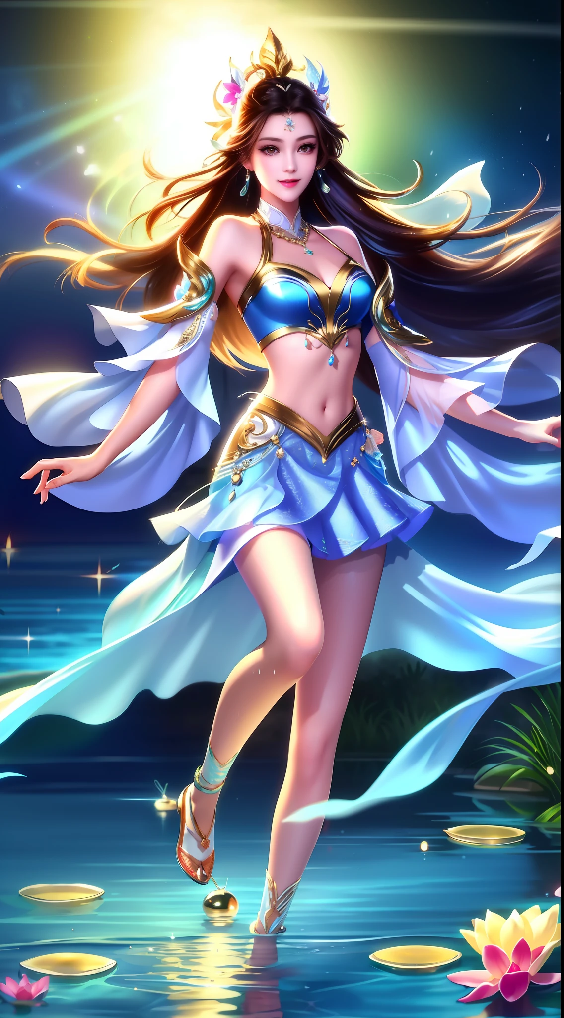 Best quality, masterpiece, high resolution, 1girl, transparent silk skirt, beautiful face, hair accessories, wading across a small river, one foot kicking on the surface of the water splash, girl naughty smile, hair accessories, necklace, jewelry, long hair, earrings, wet thighs, rounded feet, perfect toes, realism, edge lighting, two-tone lighting, (high detail skin: 1.2), 8k uhd, DSLR camera, soft light, high quality, volumetric lighting, photo, high resolution, 8k, bokeh