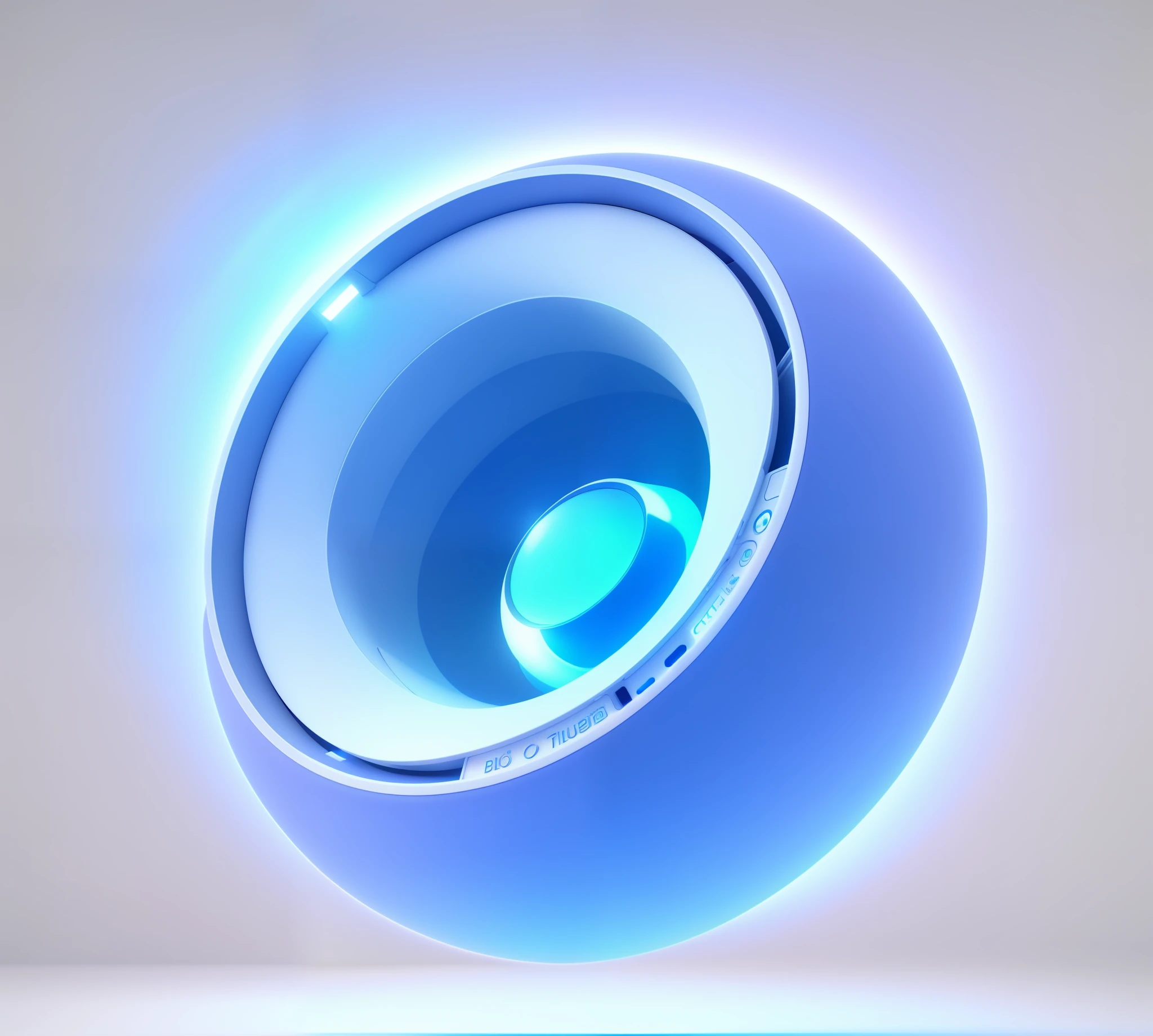 Above it is a blue object with a square design, computer generated, depicted as 3D rendering, Cinema 4D bright light rendering, C 4D style, ray-traced highlights, hibernation capsule close-up, animation style rendering, cryogenic pod, volumetric lighting futuristic, blueshift rendering, cinema 4D multichannel ray tracing