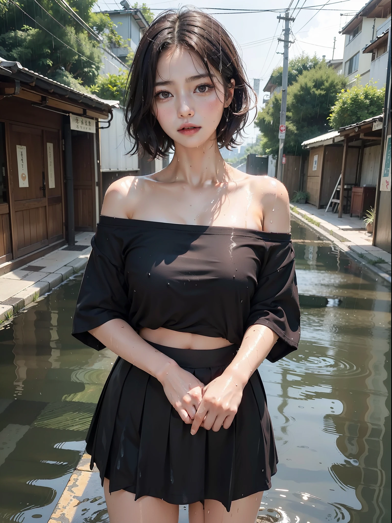 (Best quality, 8k, 32k, Masterpiece, UHD:1.2),Photo of Pretty Japanese woman, 1girl, (medium-short dark brown hair), double eyelid, large breasts, shirt, off shoulder, wet wear, sweat, holding hem of skirt, heavy rain, wet hair, wet body, storm, wet street, wet