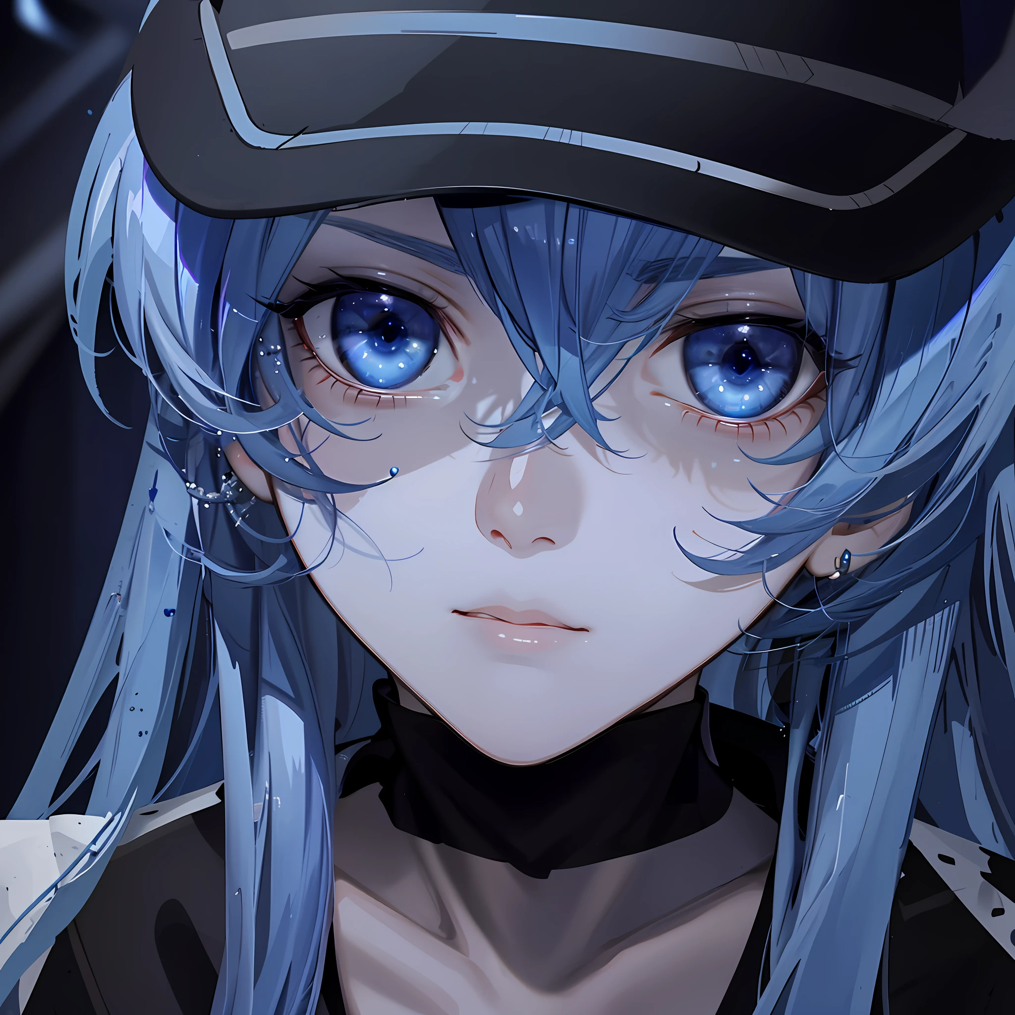 Blue hair, esders, shy, 8k, delicate skin, face HD, black hat, fully realistic, shiny eyes, blue eyes, smooth skin, realistic hair