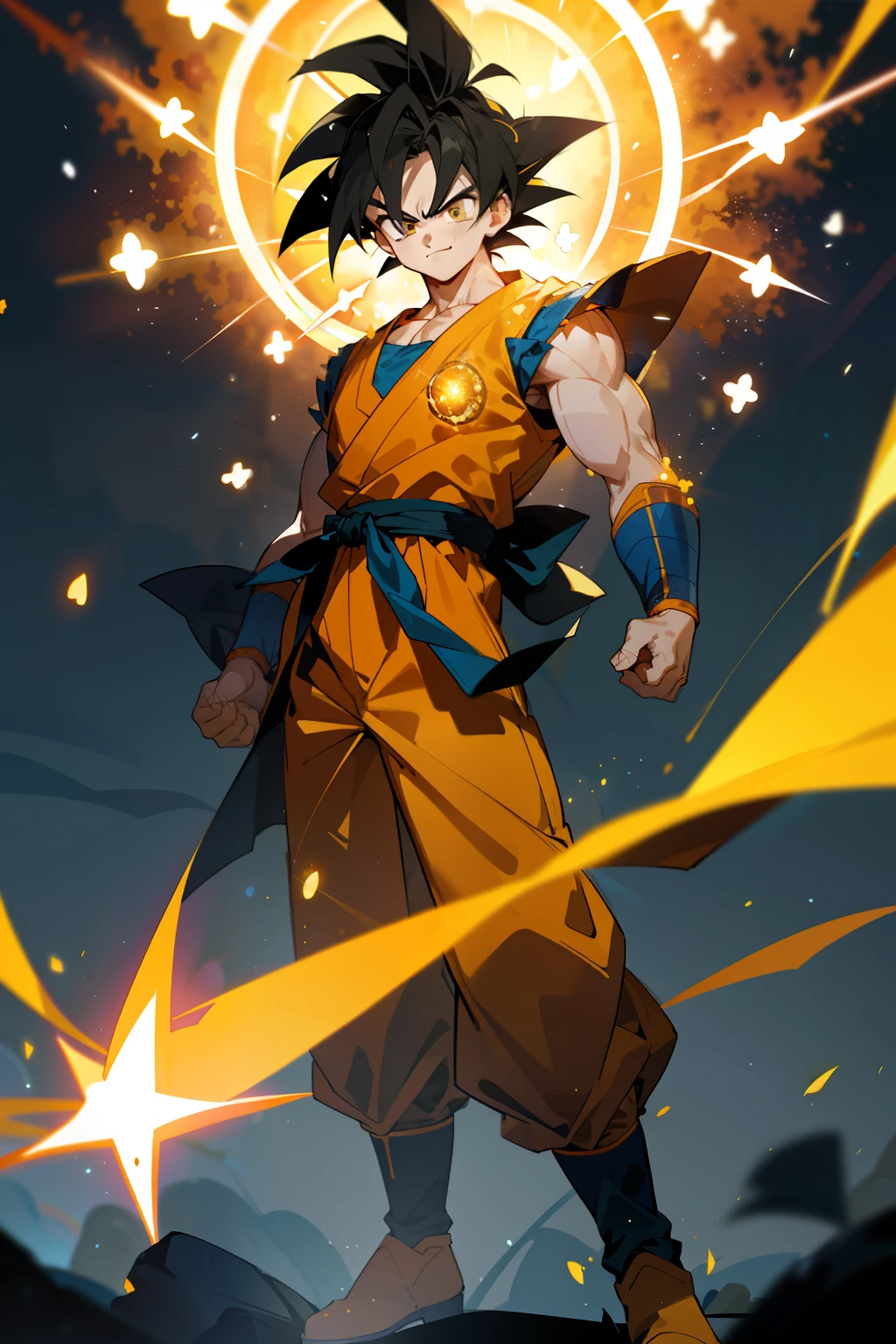 masterpiece, best quality, 1boy, goku, super saiyan goku, ssj goku,training, smiling, angry face, looking to viewer, standing, blonde hair, orange upper, mechanical arms, orange pants, body suit, science fiction, blue belt, blue bangles, dark blue boots,
, (aura power:1.4), boots, night, natural light,standing, yellow rays, angry eyes, blue eyes, smiling, black hair, male focus, strong muscles, movie composition, deth of field, bokeh,  (yellow particles:1.4), floating particles,