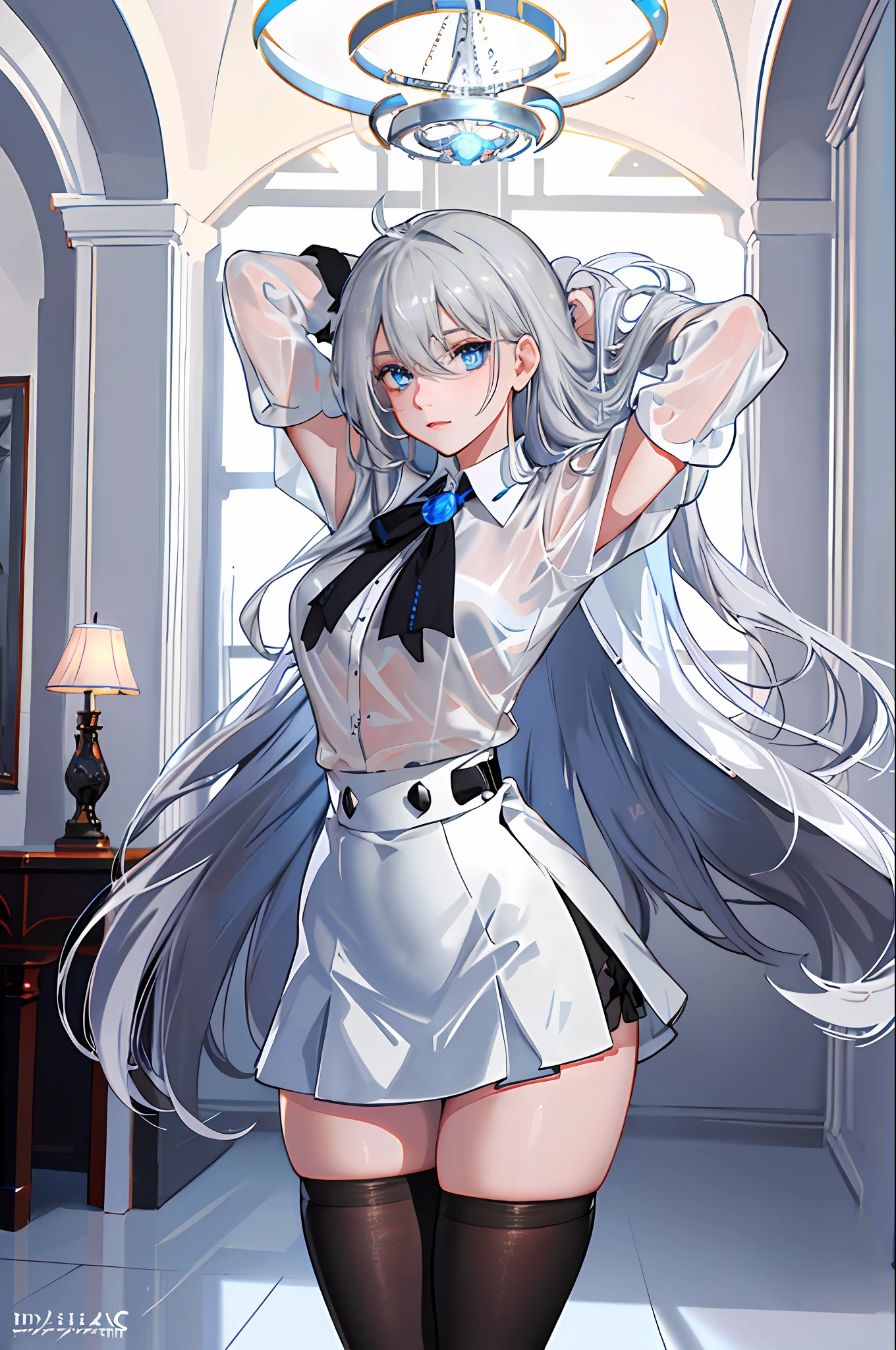 (((1 girl)),ray tracing,(dim lighting),[detailed background (living room)),((silver hair)),(silver hair)),((Fluffy silver hair, plump and slender girl)) with high ponytail))) Avoid golden eyes in the ominous living room ((((Girl wears white opaque shirt, black wrinkled skirt with black transparent stockings), showing a delicate and slender figure and graceful curves, correct limbs, hands behind the head, hands behind the head, hands behind the head , eye details, beautiful eyes, delicate eyes, blue eyes