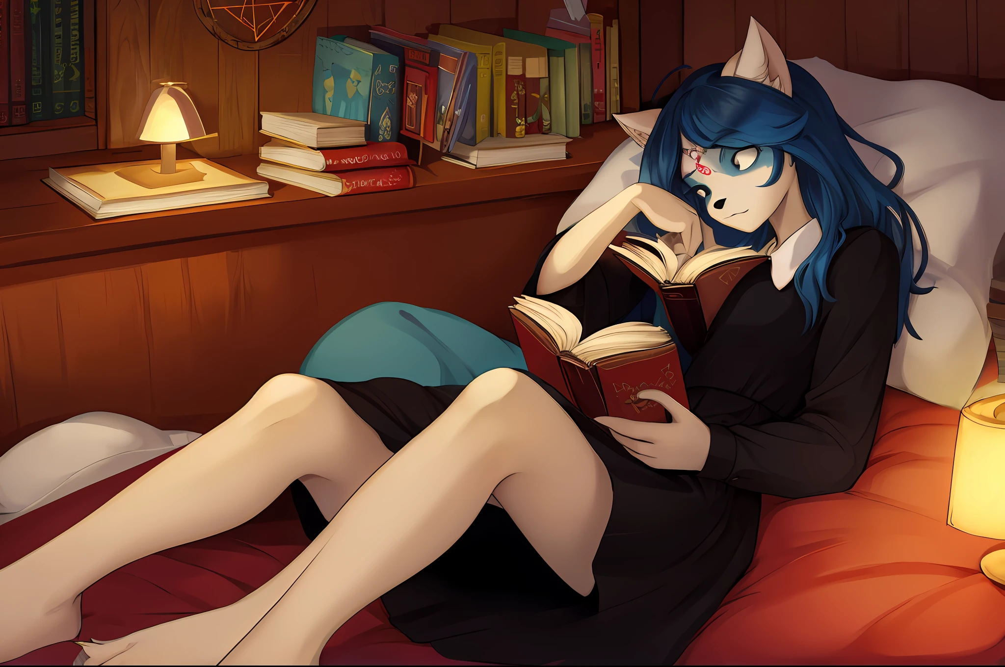 claire, pentagram on middle of forehead, furry catgirl, (((masterpiece))), (detailed), high-resolution, cel shading, (beautiful portrait),, long messy hair (blue), Black collared dress, :3, expressionless face, cat nose (black), 1 pair of cat ears, white fur (whole body), detailed fur (best quality), cozy bed, reading book, (holding book in hands:1.2), laying on bed, laying on pillow