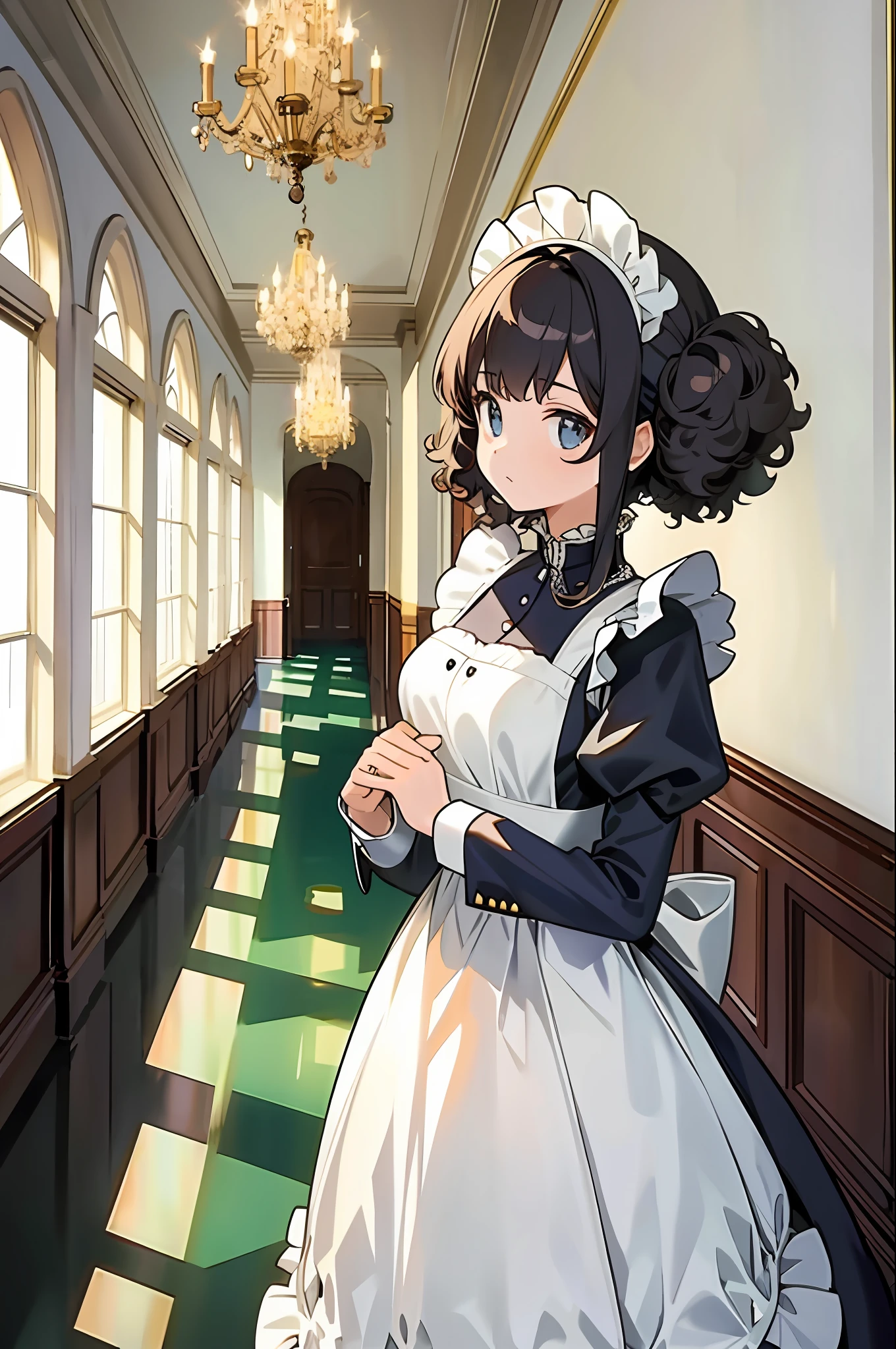 (masterpiece, best quality) detailed, 1girl, solo, afro hair, medium shot, maid outfit, mansion hallway, windows, perspective