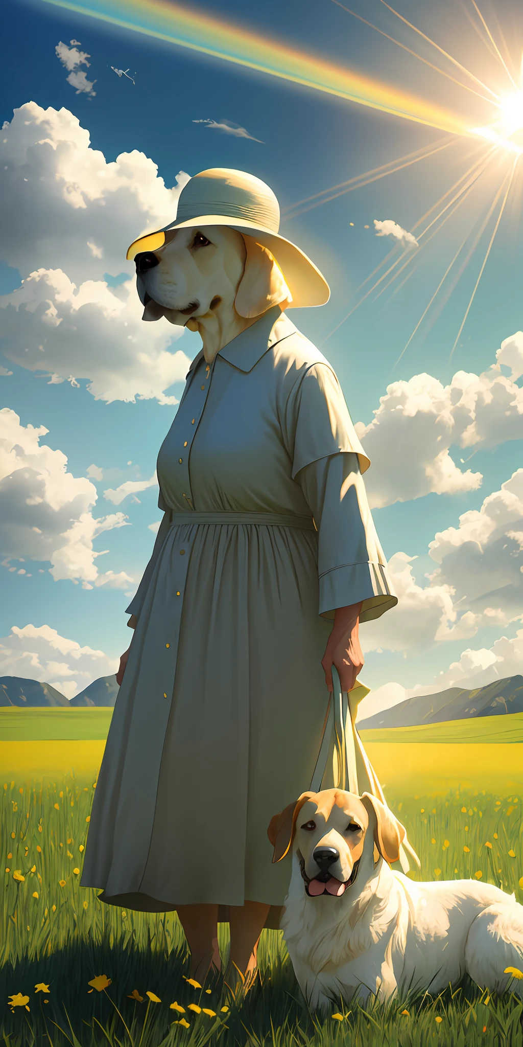 An old lady walks in the field, followed by a big yellow dog, blue sky, white clouds, green grass, refracted by the sun's rays, deep, overlooking from above, HD detail, hyper-detail, cinematic, surrealism, soft light, deep field focus bokeh, ray tracing and surrealism. --v6