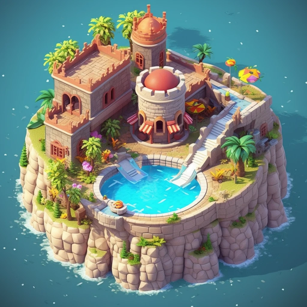 cartoon style, top-down view, scene illustration, nature, ancient magical architecture, castle, main fort, fortress, polygon, game architecture design, summer, ocean waves, swimming ring, shell, flower, tropical fruit, creative, 3d, masterpiece, best quality, cartoon rendering, 8K