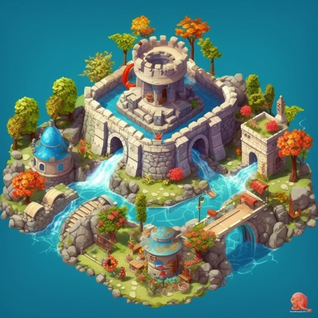 cartoon style, top-down view, scene illustration, nature, ancient magical architecture, castle, main fort, fortress, polygon, game architecture design, super detail, summer, ocean waves, swimming ring, shells, flowers, tropical fruits, trees, casual game style, creative, 3d, masterpiece, best quality, cartoon rendering, 8K