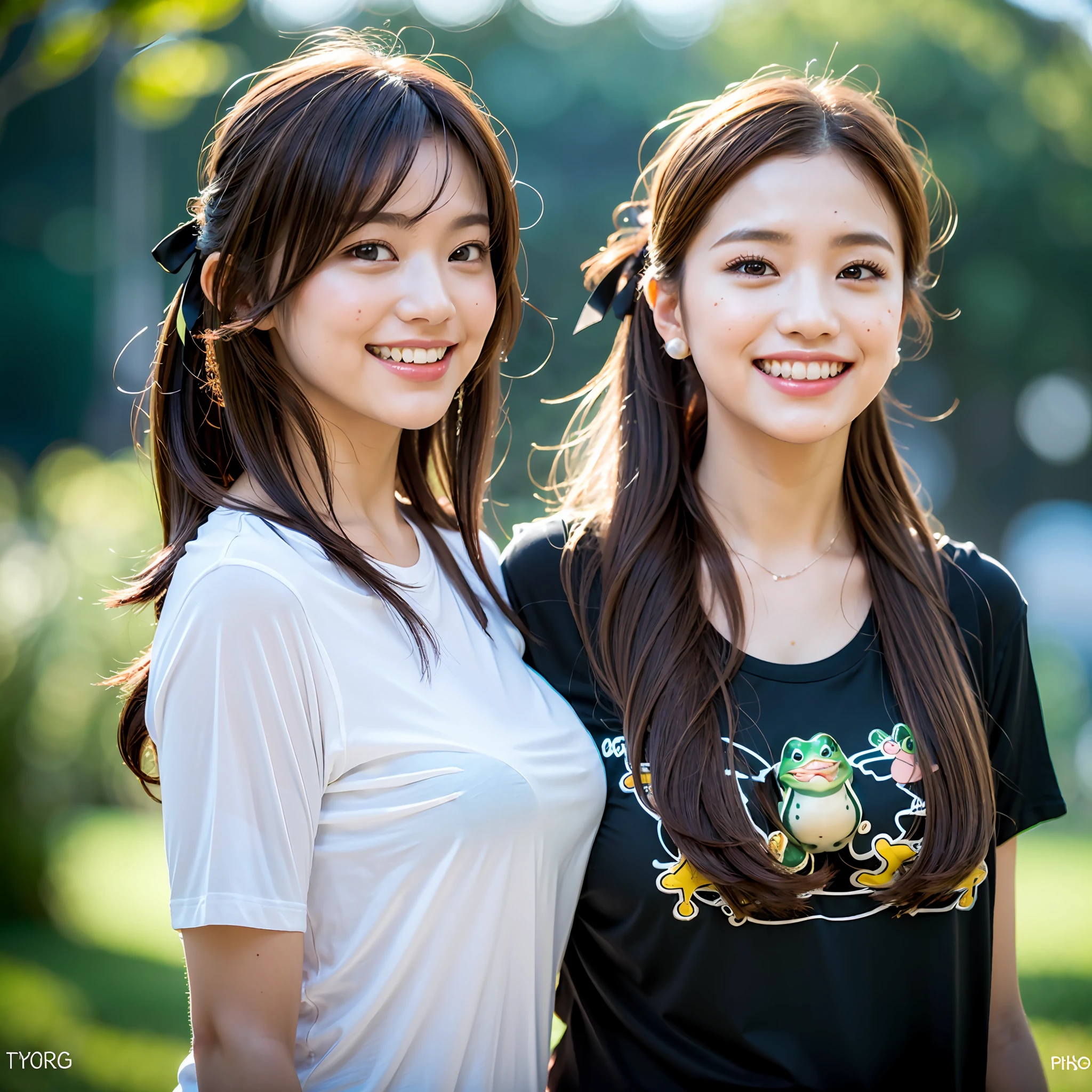 (8k, RAW photos,best quality, high resolution:1.1), (hyperrealistic:1.4),(realistic, photorealistic:1.3), soft light,big breasts,girl,realistic face,realistic body,realistic skin,absurdity,masterpiece,(cute:1.8), cuties, solo, (big breasts:1.2), detailed black eyes,innocent eyes,blusher,(t-shirt:1.2), cinema light,film grain,jewelry,earrings,((Medium hair:1.1)),((Floating Hair Novafrog Style)),cherry colored lips,hair ribbon,hair bow,ponytail,closeup,look viewer,long hair,upper body,open lips,upper teeth, (smiling eyes:0.6),((grinning:1.2)),depth of field, blurred background, eye focus, Bokeh,Young, 85mm Lens, f/1.4,Professional Lighting, Young,Portrait,Photon Mapping,Radiosity,Physically Based Rendering