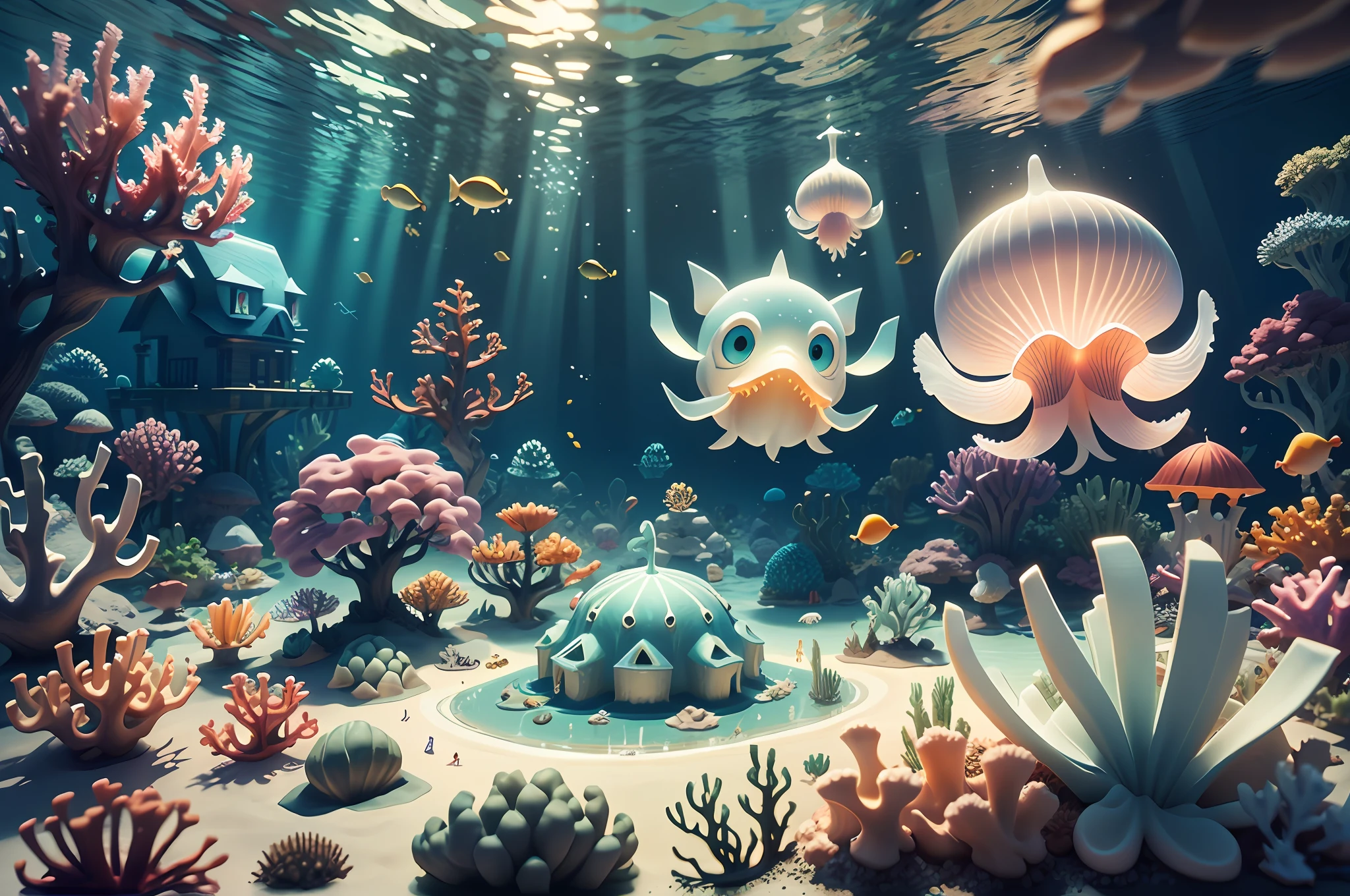 Game architectural design, lowpoly style, cartoon, underwater world town, conch, shell, seaweed, coral, fish, transparent jellyfish, particle light effect, glare, casual play style, 3D, blender, masterpiece, super detail, best quality