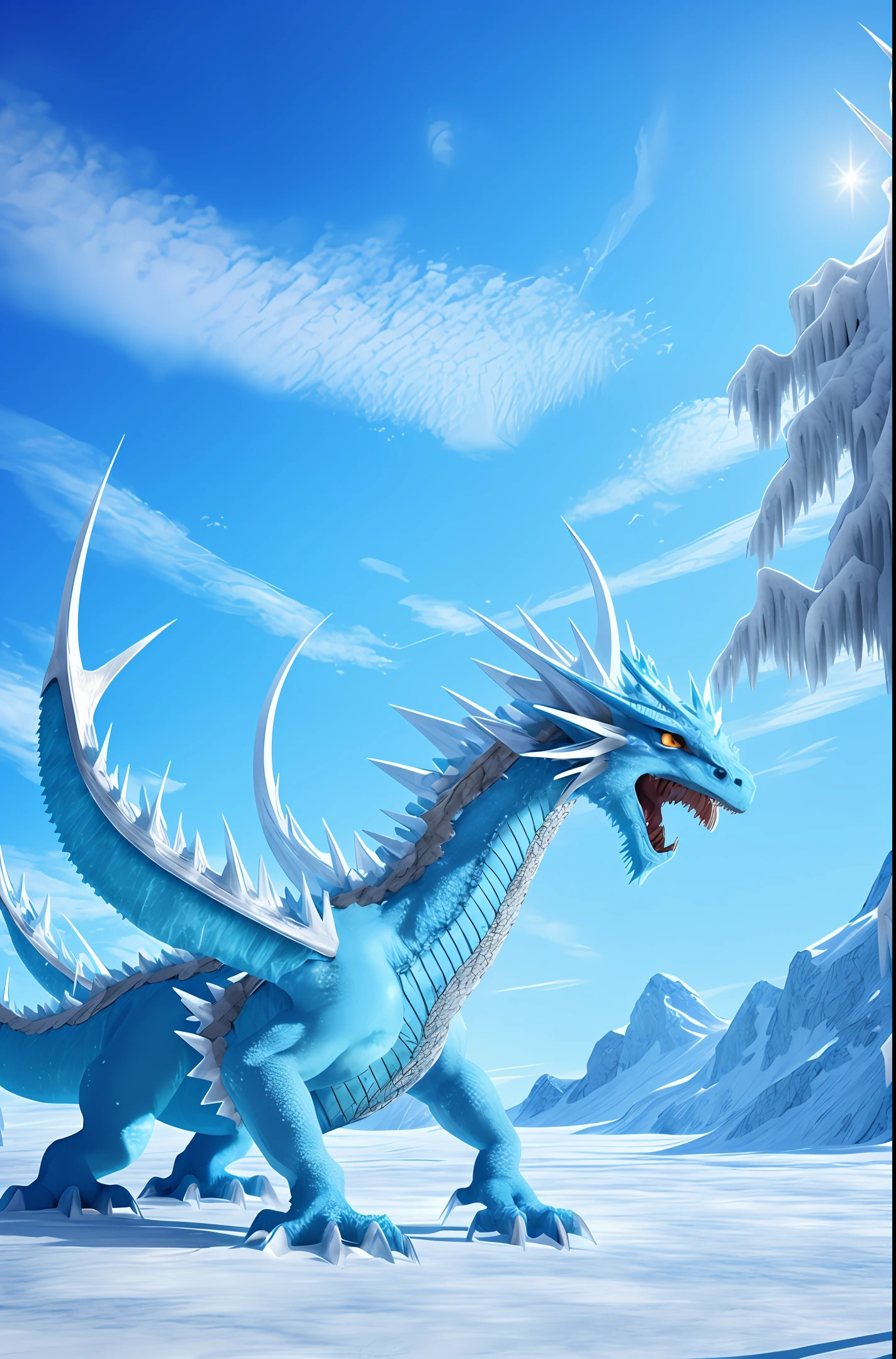 Majestic blue ice dragon on a ice landscape. Ice spikes and ice trees