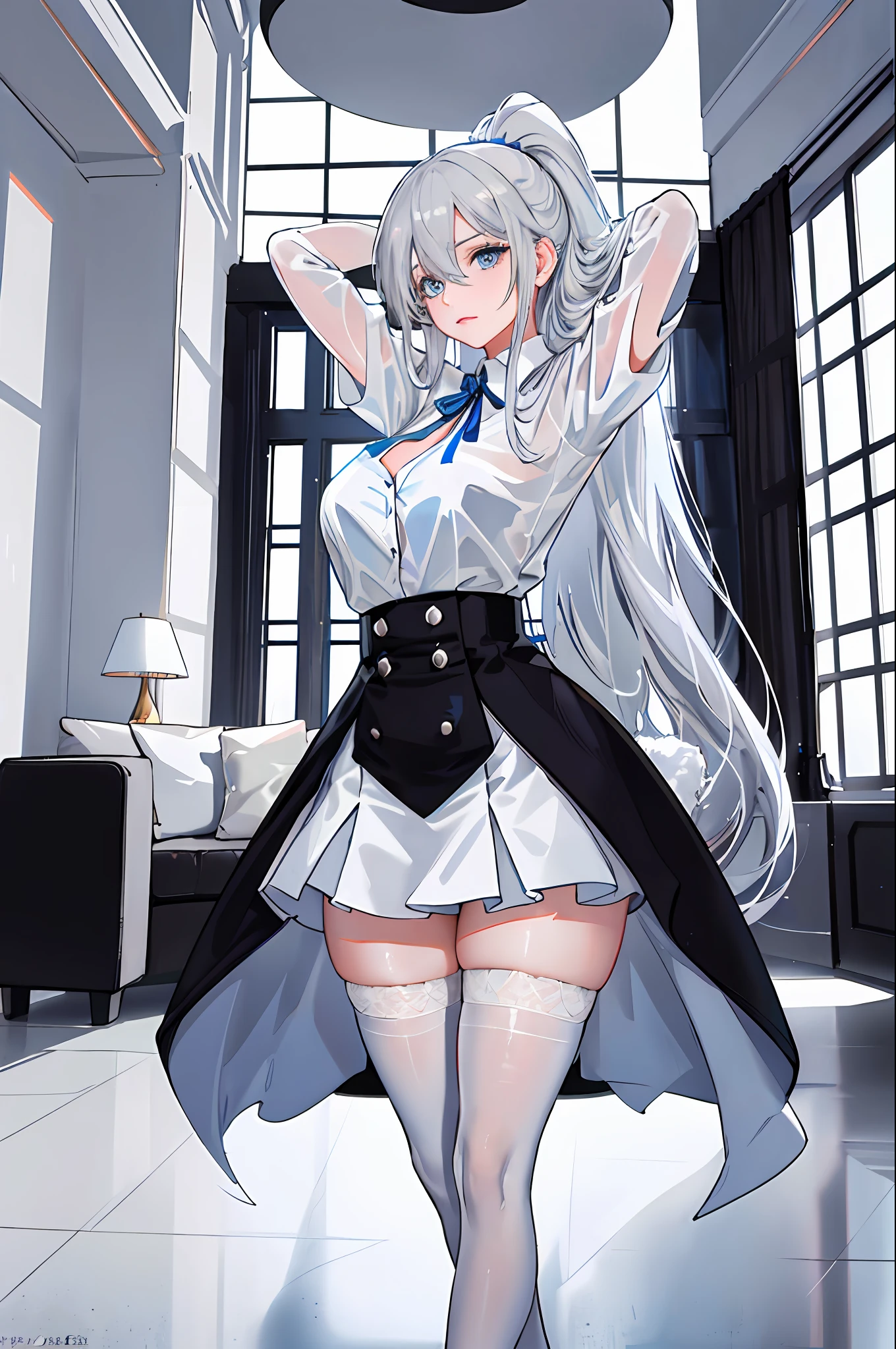 (((1 girl)),ray tracing,(dim lighting),[detailed background (living room)),((silver hair)),(silver hair)),((Fluffy silver hair, plump and slender girl)) with high ponytail))) Avoid golden eyes in the ominous living room ((((Girl wears white opaque shirt, black wrinkled skirt with black transparent stockings), showing a delicate and slender figure and graceful curves, correct limbs, hands behind the head, hands behind the head, hands behind the head , eye details, beautiful eyes, delicate eyes, blue eyes