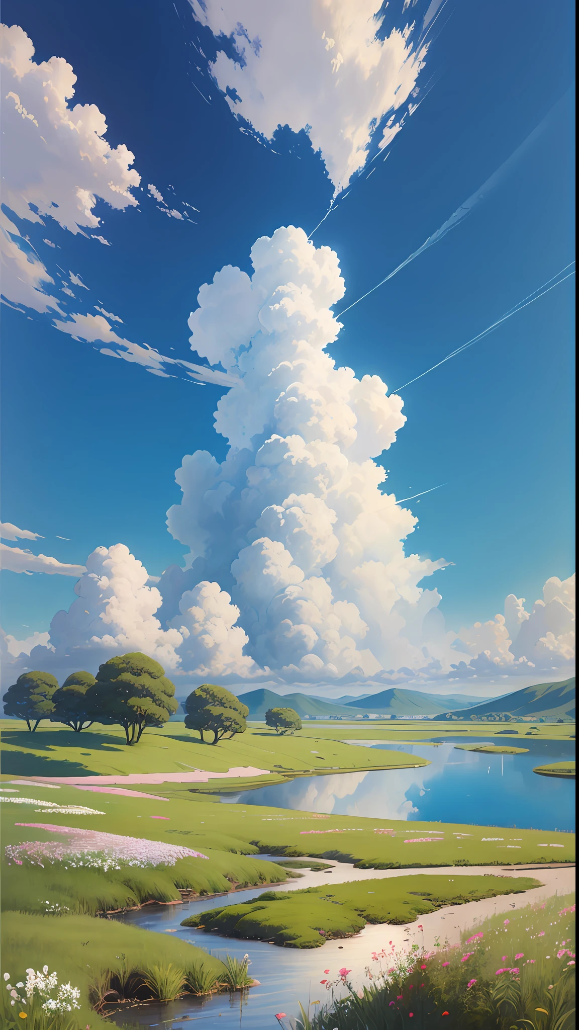 Realistic, authentic, beautiful and amazing landscape oil painting Studio Ghibli Hayao Miyazaki's petal grassland with blue sky and white clouds --v6