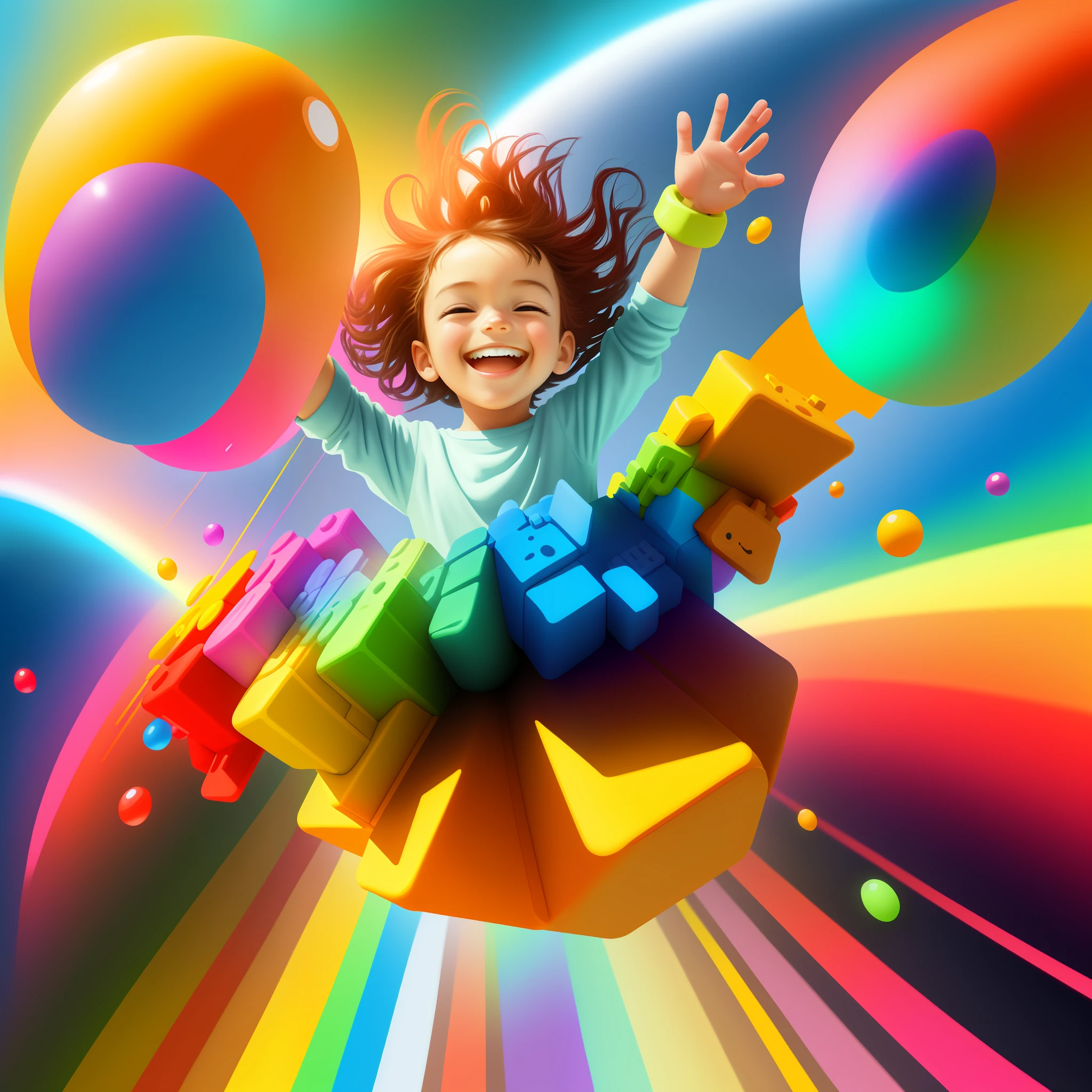 Subject: Child
Action: Playing
Context: Toyland
Environment: Colorful
Lighting: Bright
Artist: Walt Disney
Style: Cartoon
Medium: Digital painting
Type: Illustration
Color Scheme: Rainbow
Computer graphics: 2D animation
Quality: High definition

Positive Prompt:
- Adjectives: Happy, excited, playful, energetic, vibrant, cheerful
- Subject: Child with a big smile on their face
- Action: Running, jumping, and laughing
- Context: Filled with various toys such as stuffed animals, building blocks, and toy cars
- Environment: Indoor playground
- Lightning: Bright and colorful
- Artist: Walt Disney
- Style: Cartoonish and playful
- Medium: Digital painting
- Type: Illustration
- Color Scheme: Vibrant and rainbow
- Computer graphics: 2D animation
- Quality: High definition

Negative Prompts:
- No scary or dark elements
- No creepy or unsettling toys
- No dull or muted color schemes
- No overwhelming or busy backgrounds
- No unsettling or intimidating characters.