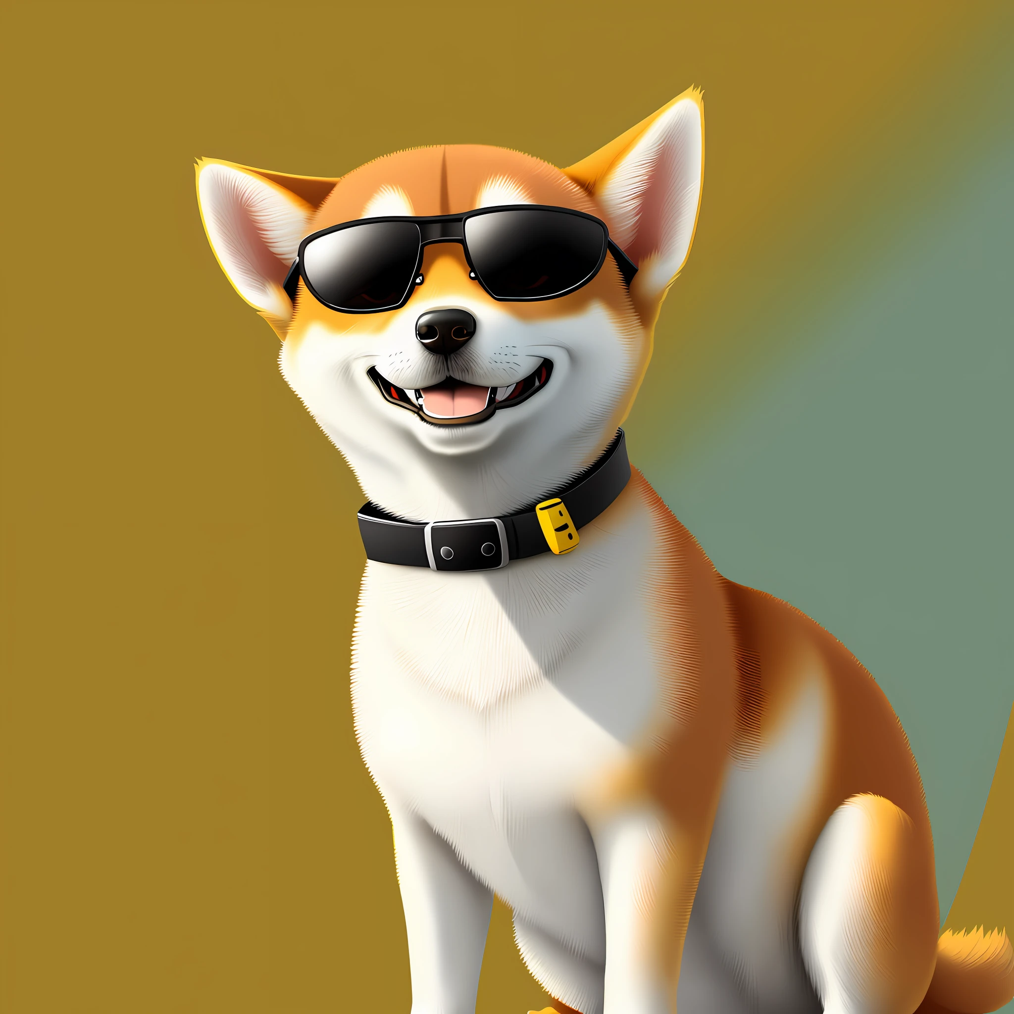 A cartoon Shiba Inu digital art wearing sunglasses, yellow and white, smiling