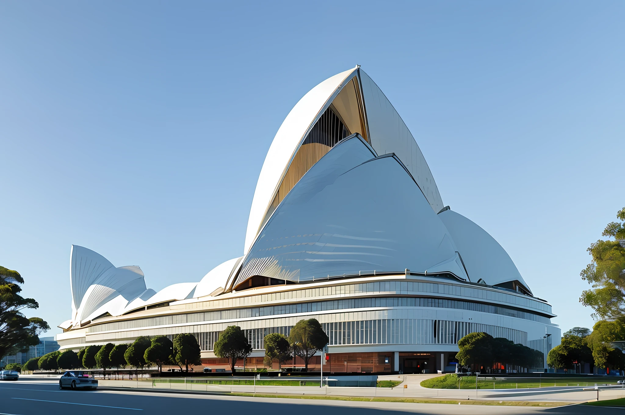 Ultra-high quality, master photography, (modern opera house: 1.2), road in the foreground, sky in the background