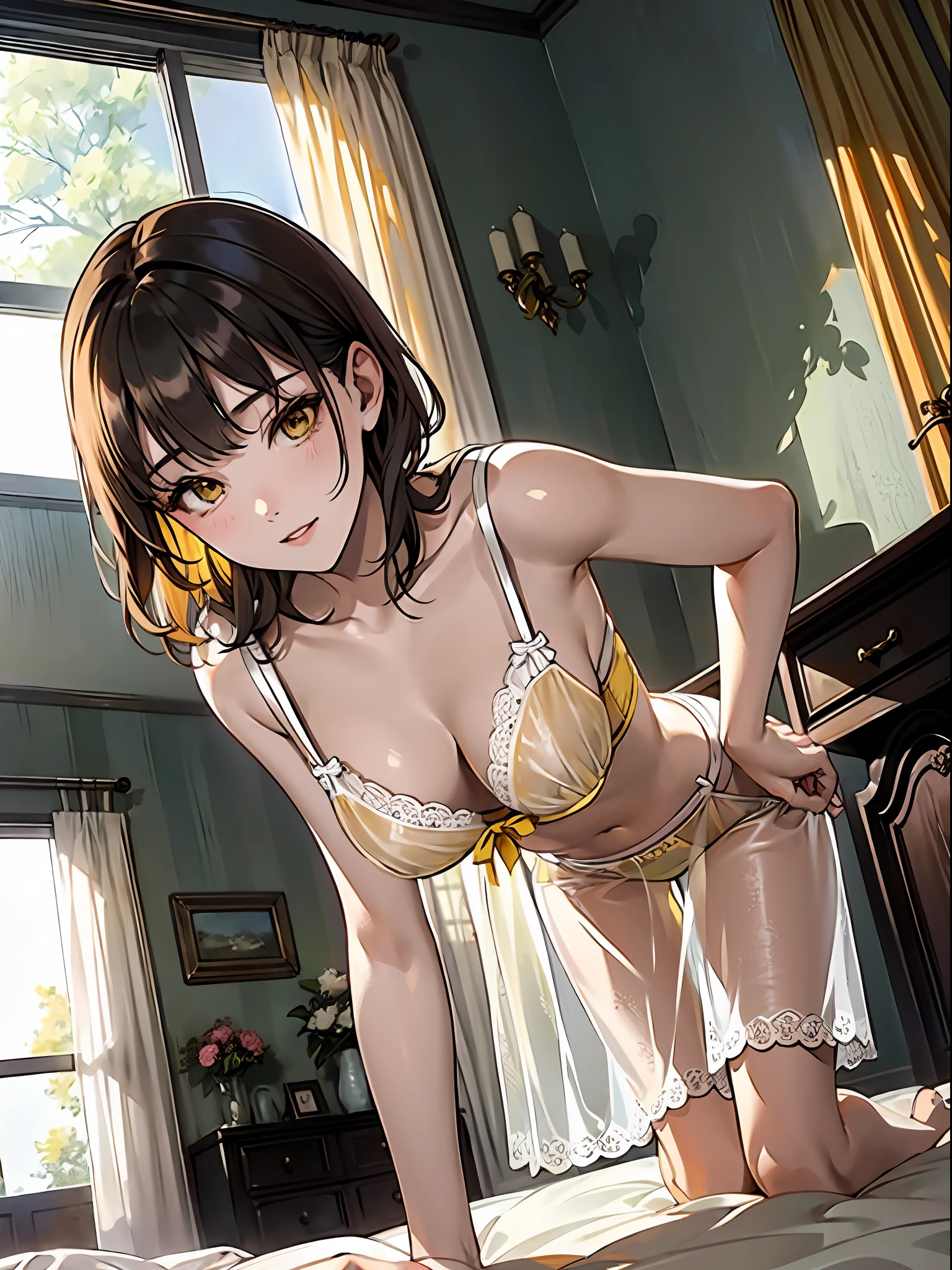 Top quality, high resolution, lace curtains Natural light, 1 girl idol, C cup, beauty salon, brown bed, yellow see-through bra, side tie T-back, crawling on all fours, from below, sexual expression