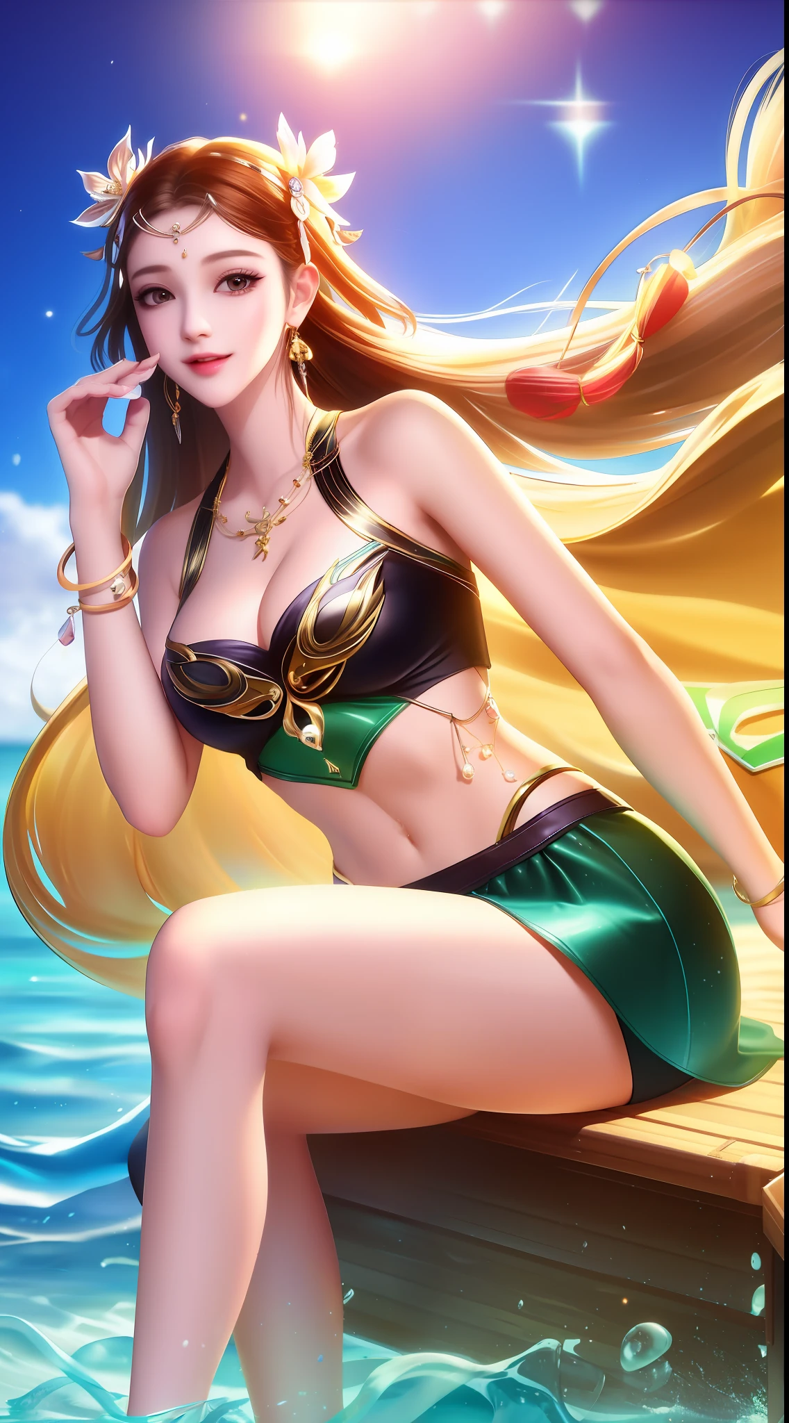 Best quality, masterpiece, high resolution, 1girl, transparent silk short skirt, beautiful face, hair ornament, sitting on a boat with a pipa, sitting on the side of the boat, one foot kicking out of the water to splash, girl's mischievous smile, hair accessories, necklaces, jewelry, long hair, earrings, pale thighs, rounded feet, perfect toes, realism, edge lighting, two-tone lighting, (high detail skin: 1.2), 8k uhd, DSLR, soft light, high quality, volumetric lighting, photos, High resolution, 8K, background bokeh