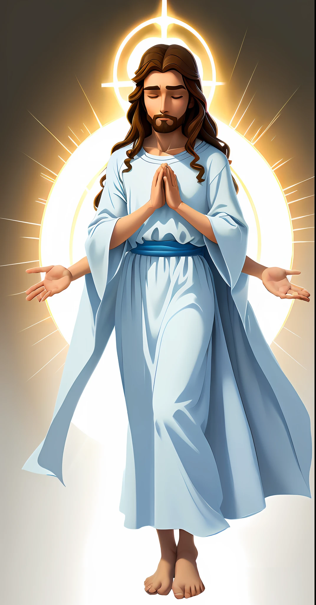Original art quality, full body picture, Disney character animation style, Jesus God hands folded in prayer posture, eyes closed, transparent, with light as the theme, the overall picture is fresh and bright.